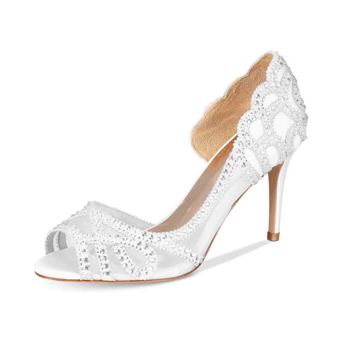 XYD Women's Crystal Studded Peep Toe Mesh High Heel Pumps - Elegant Half D'Orsay Wedding Shoes for Bride, Party & Special Occasions