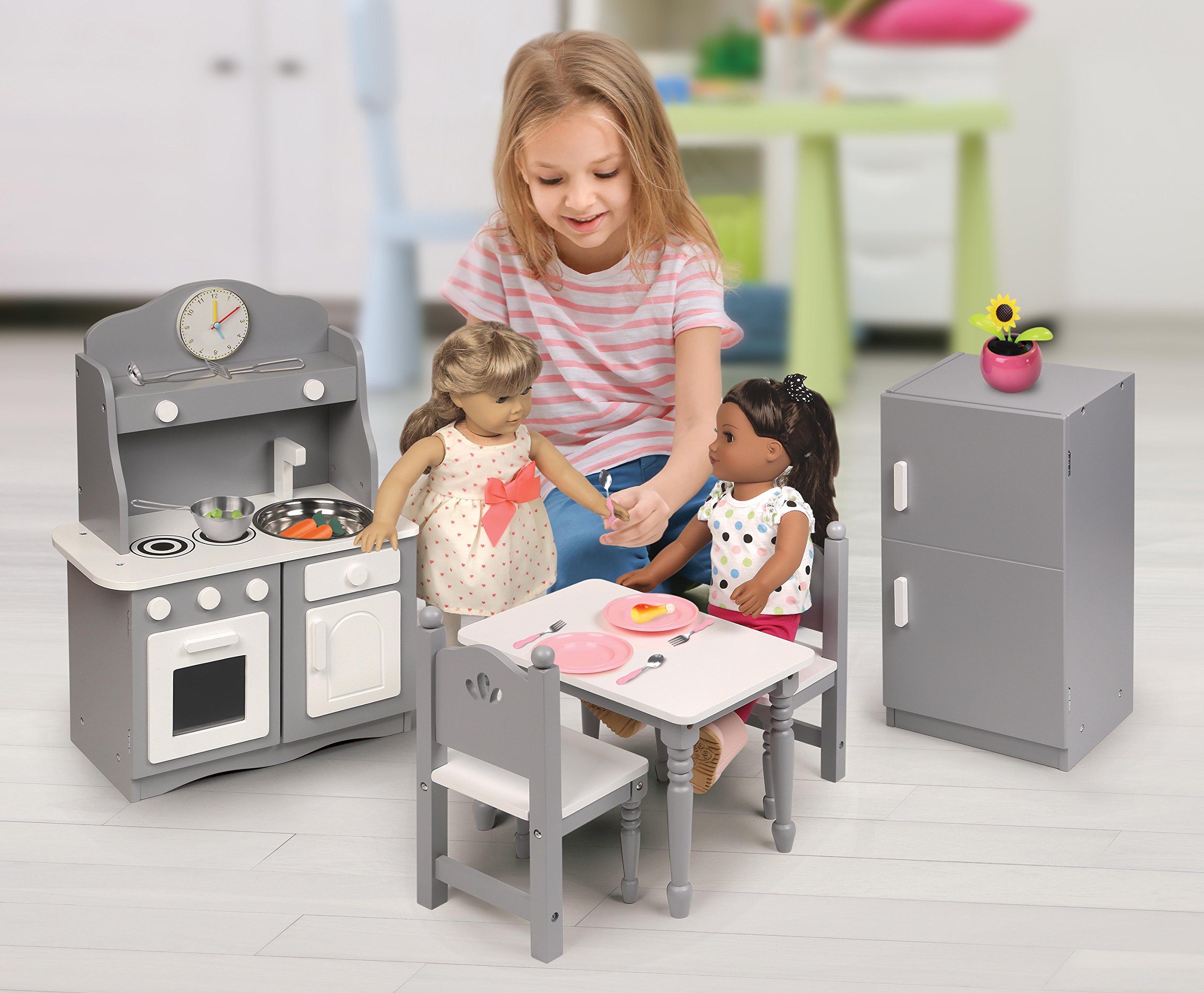 Badger Basket 18-Inch Doll Kitchen Playset - Complete Wooden Pretend Play Kitchen Furniture for American Girl & Other Dolls - Perfect for Imaginative Play, Birthday Gifts & Room Decor