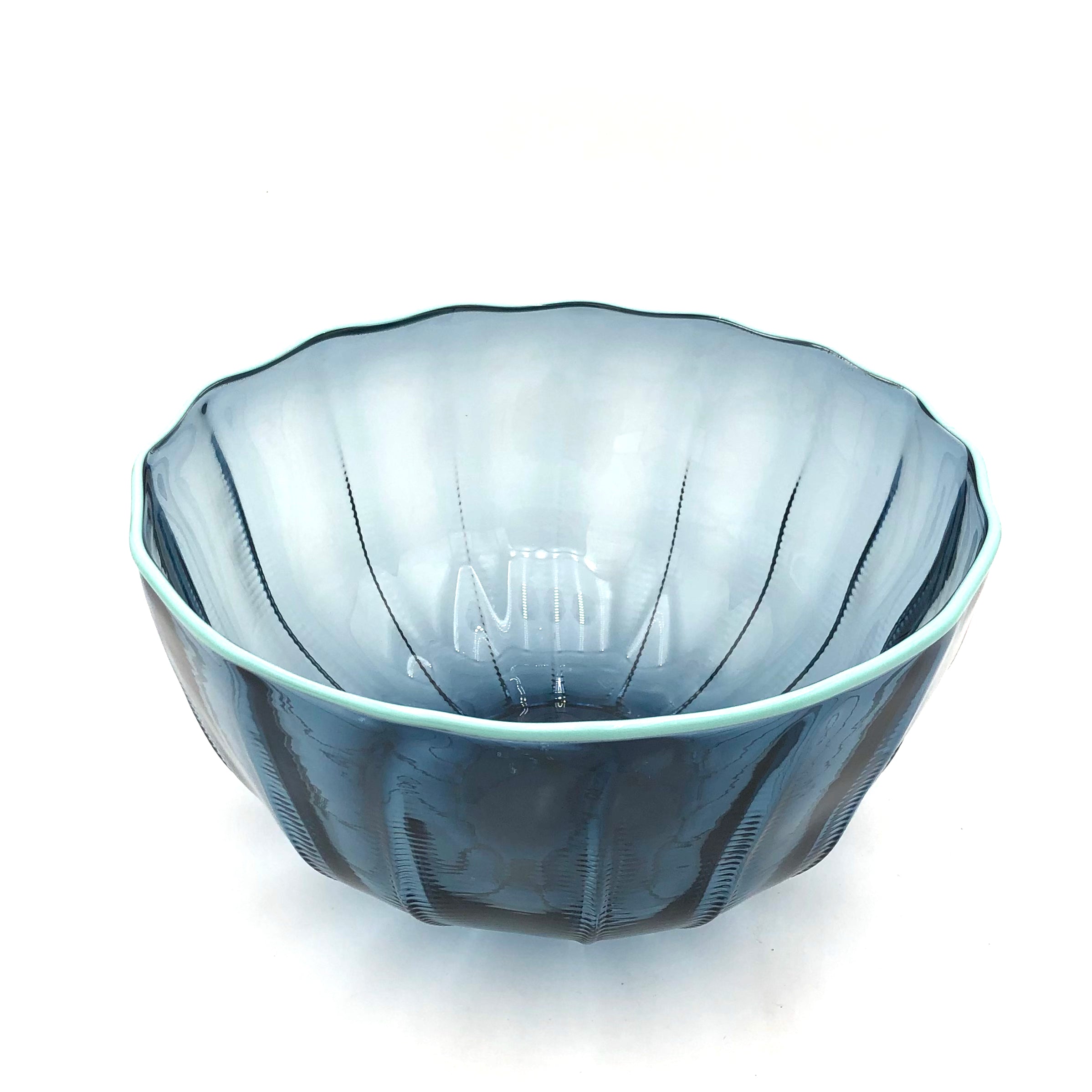 Studio MK Medium Glass Bowl with Threaded Rim - Blue - Perfect for Serving Salads, Desserts & Party Snacks