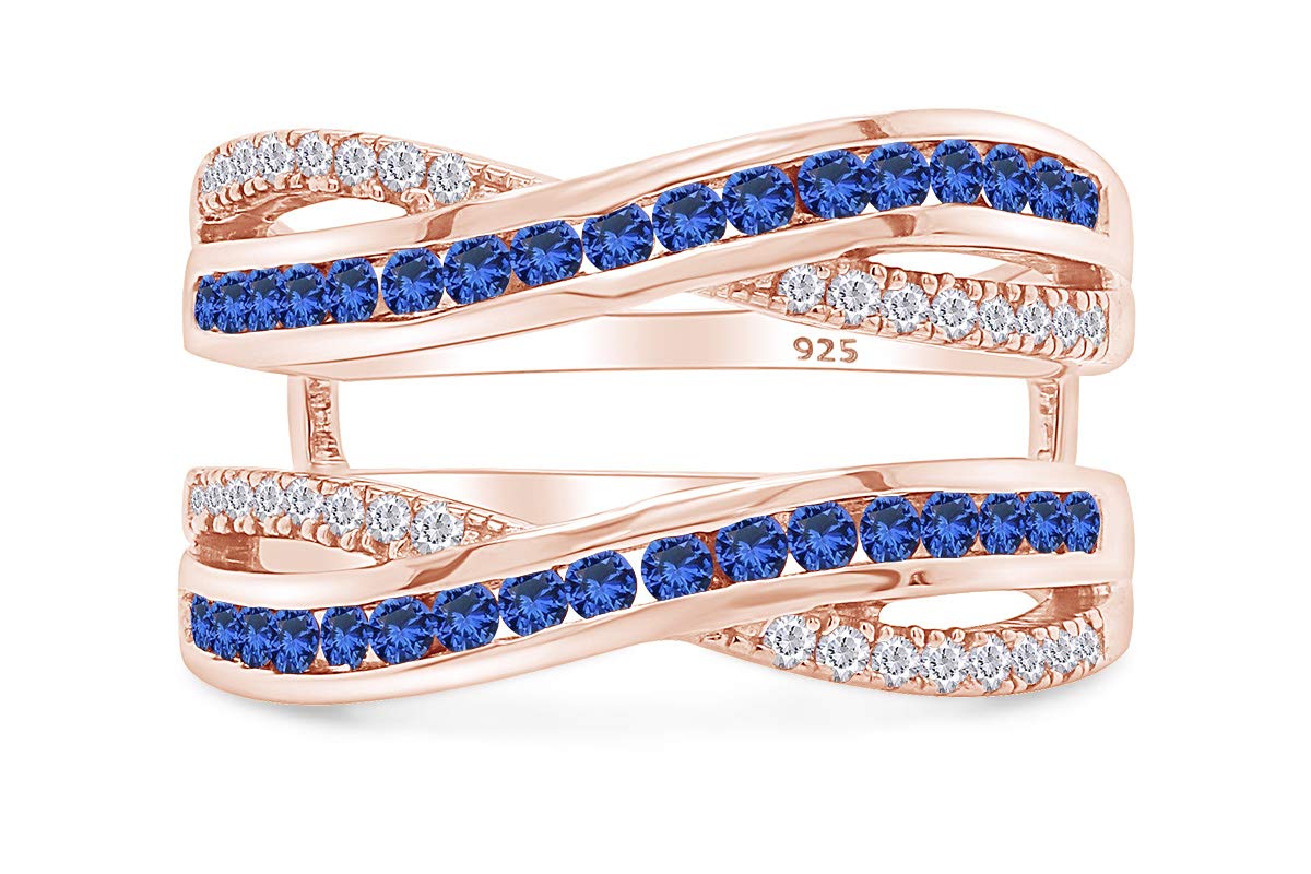 14K Gold Over Sterling Silver Round Simulated Blue Sapphire & Natural Diamond Wedding Band Ring Guard Enhancer for Women - Elegant Jewelry Gift for Brides, Anniversaries & Special Occasions
