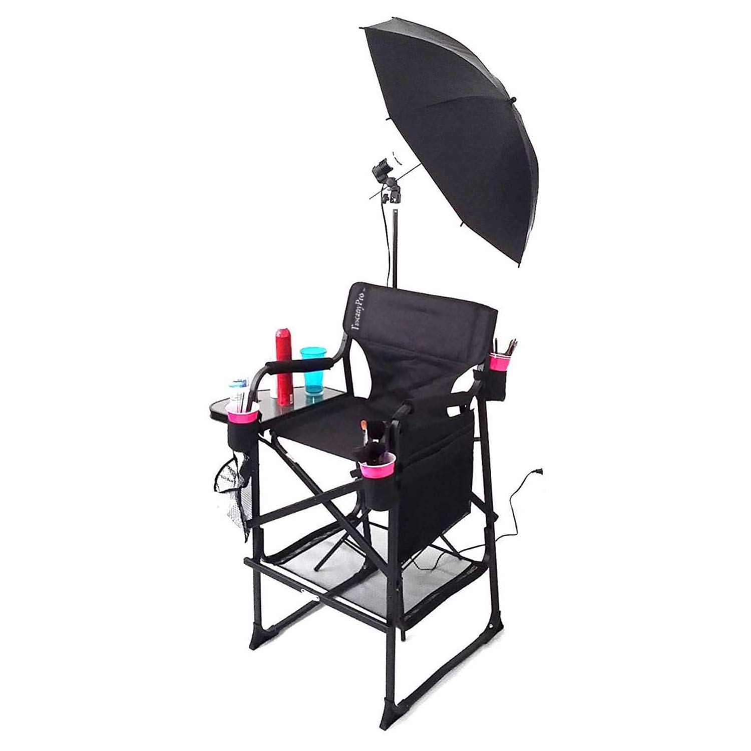 Portable Professional Makeup Artist Chair with Adjustable Umbrella Light Kit - 29 Inch Height for Salon, Bridal, and Event Makeup - Includes Carry Bag for Easy Transport - Ideal for Outdoor Weddings, Photo Shoots & Mobile Beauty Services