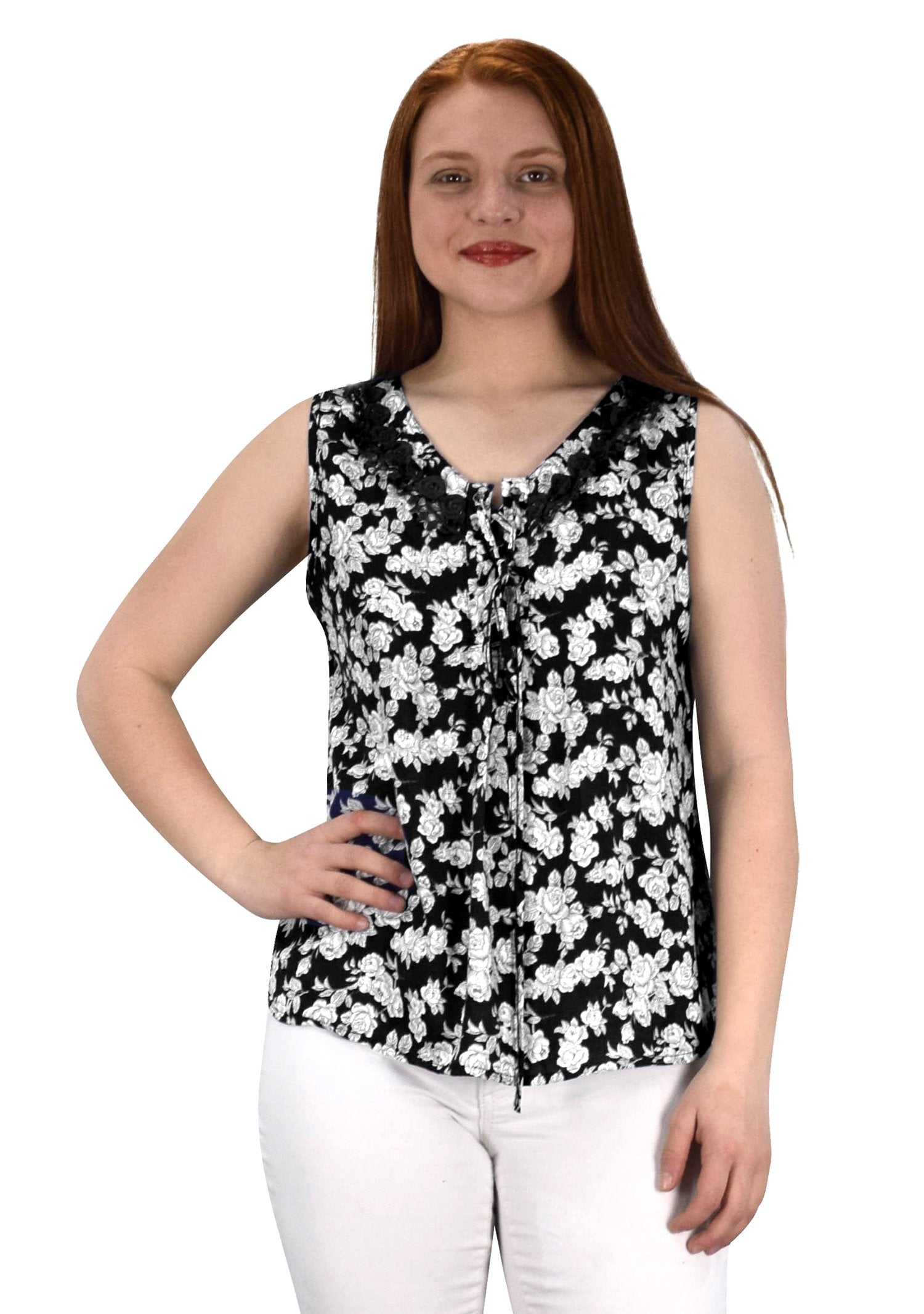 Two Tone Floral Rose Print Lace Neckline Women's Blouse - Elegant Casual Top for Office, Date Night & Spring Outfits
