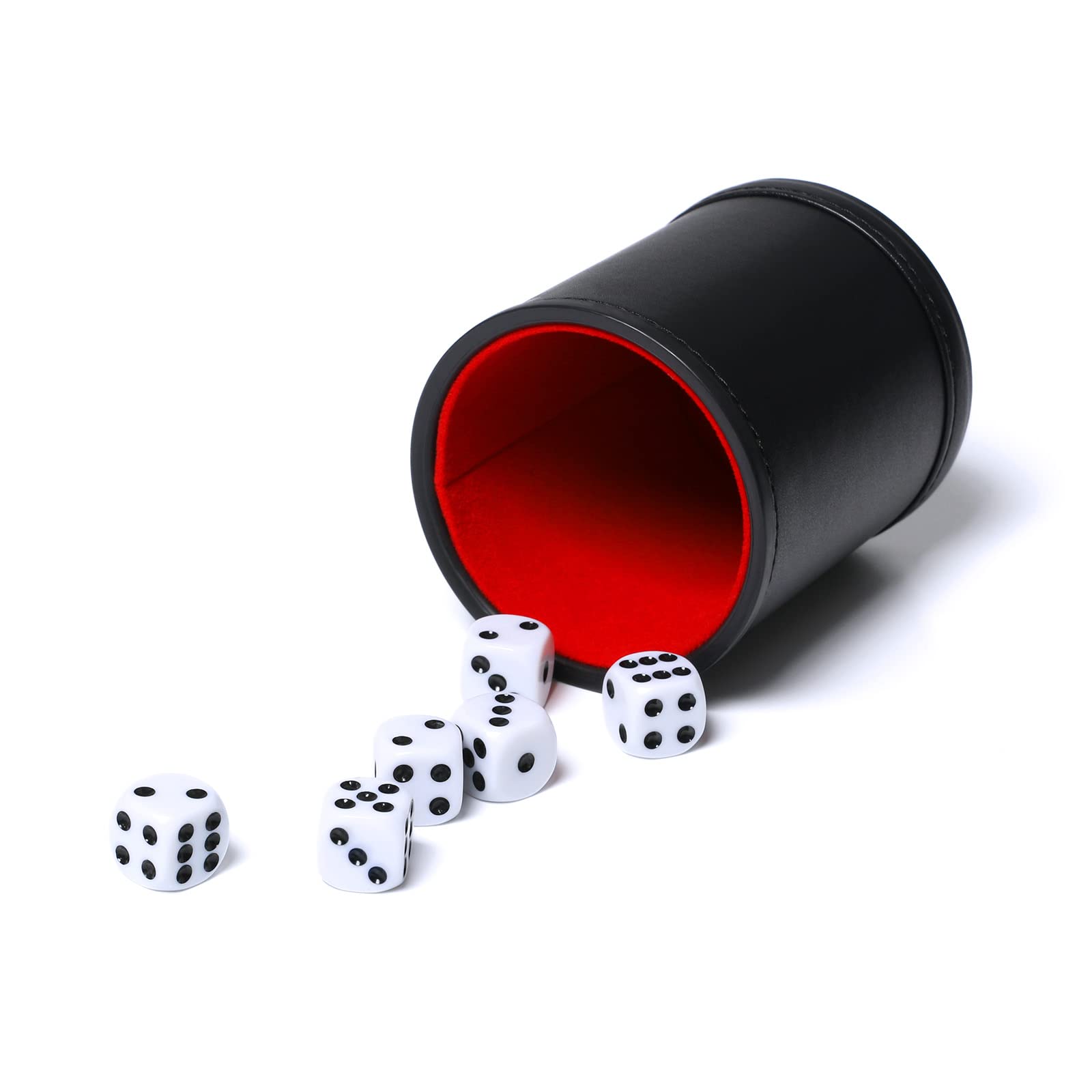 Premium Leatherette Dice Cup Set - 5 Pack with 6 Red Felt-Lined Dot Dices for Yahtzee, Farkle & Bar Party Games | Perfect for Family Game Nights, Casino Parties & Tabletop Gaming