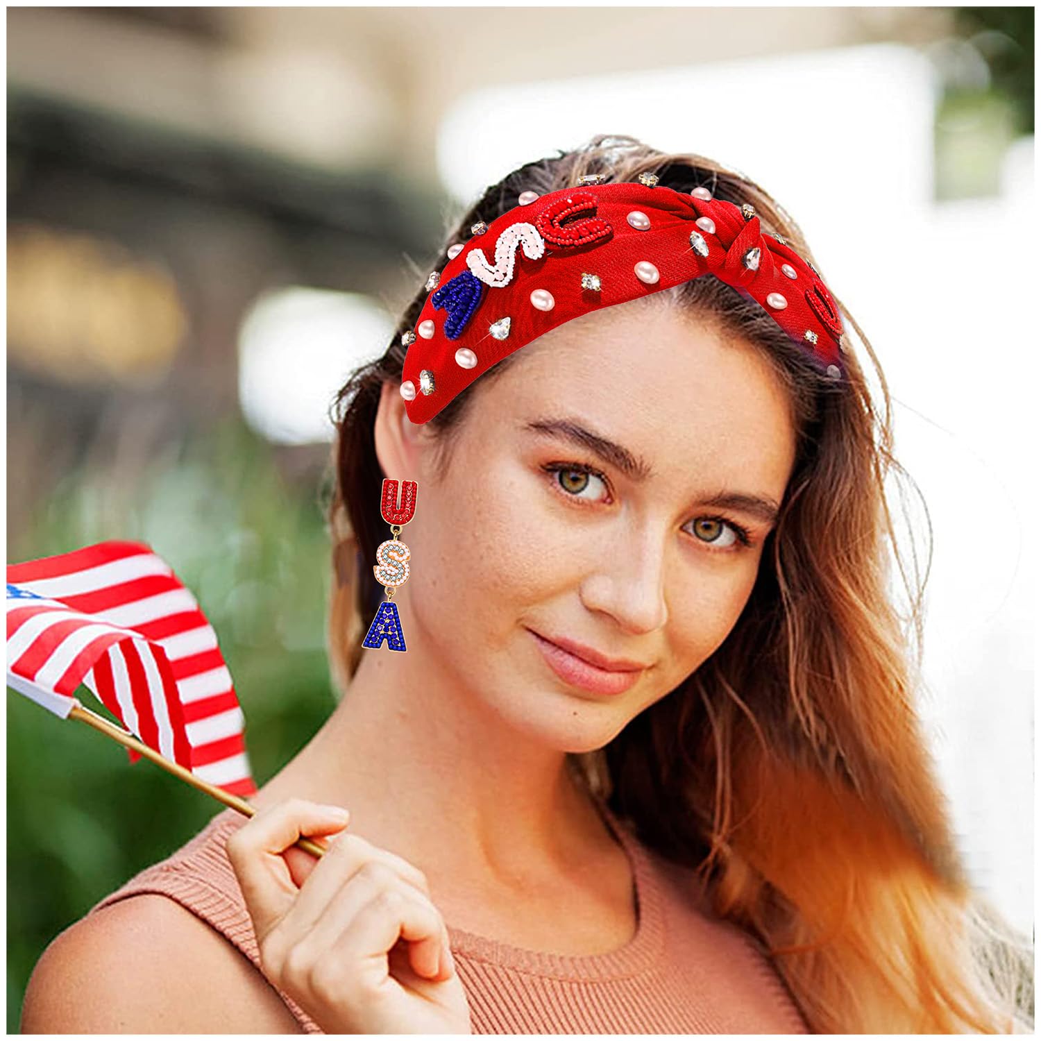 Elegant Crystal Pearl Knotted Headbands - Patriotic Hair Accessories for Women | American Flag Themed Outfits for Independence Day & Memorial Day | Perfect for 4th of July Celebrations, Summer Parties & Patriotic Events (USA-Red)