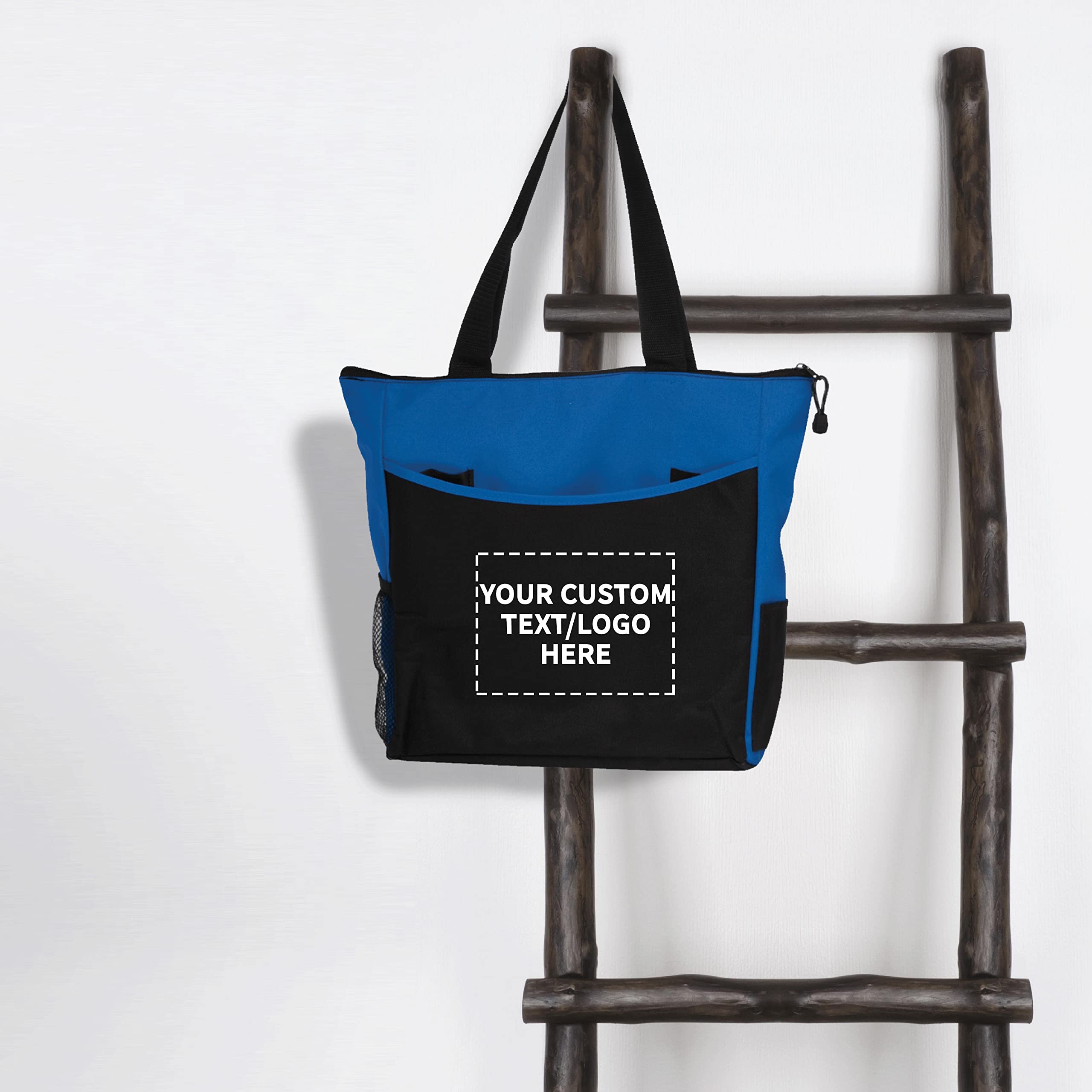 Custom Personalized Beach Tote Bags with Mesh Pockets - Set of 6 Reusable Bulk Pack - Perfect for Picnic, Camping, Beach & Outdoor Activities - Blue | Great for Summer Vacations, Pool Parties and Family Outings