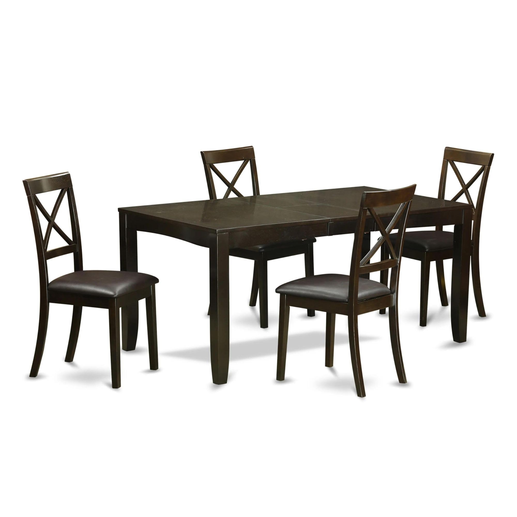 East West Furniture LYBO5-CAP-LC Lynfield 5-Piece Dining Set for 4 - Rectangle Kitchen Table with Butterfly Leaf & 4 Faux Leather Upholstered Chairs, 36x66 Inch, Cappuccino - Perfect for Small Spaces, Breakfast Nooks & Cozy Family Meals