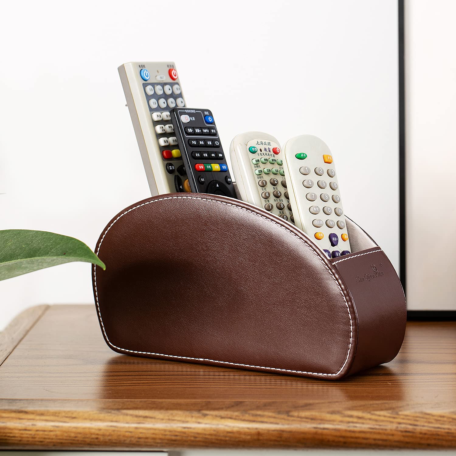 PU Leather Remote Control Holder with 5 Compartments - Organizer Box for Table, Bed & Office - Desktop Storage Caddy for TV Remotes, Media Players, Makeup Brushes & Pens (Brown) - Perfect for Living Room, Bedroom & Home Office Organization