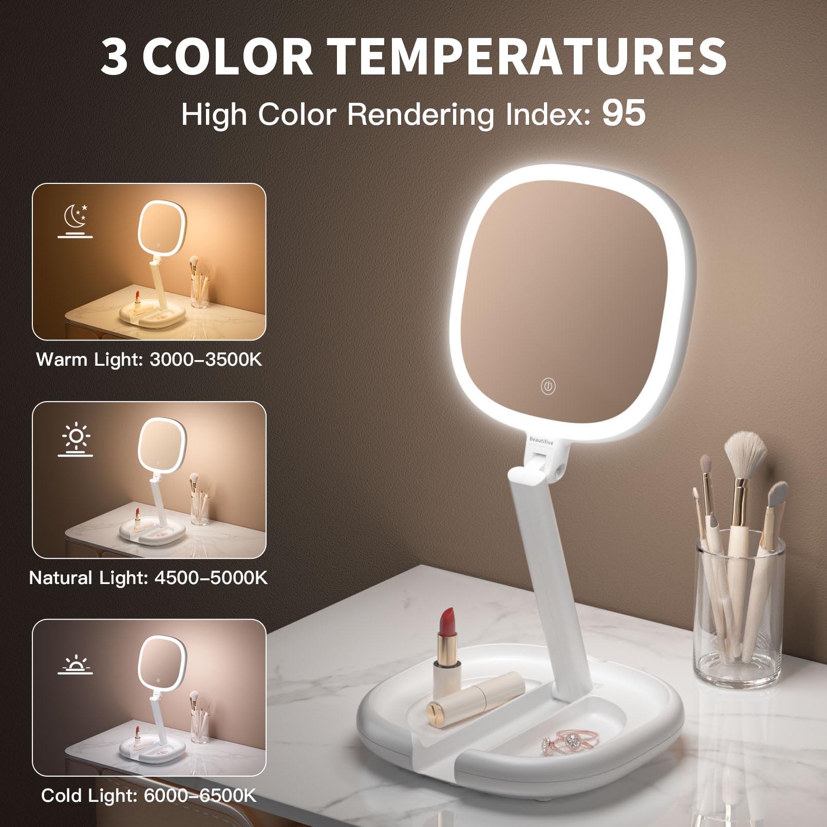 Beautifive LED Illuminated Makeup Mirror with Adjustable Brightness - 180° Swivel & Height Adjustable Double-Sided Magnifying Vanity Mirror for Home, Travel & Professional Makeup Application