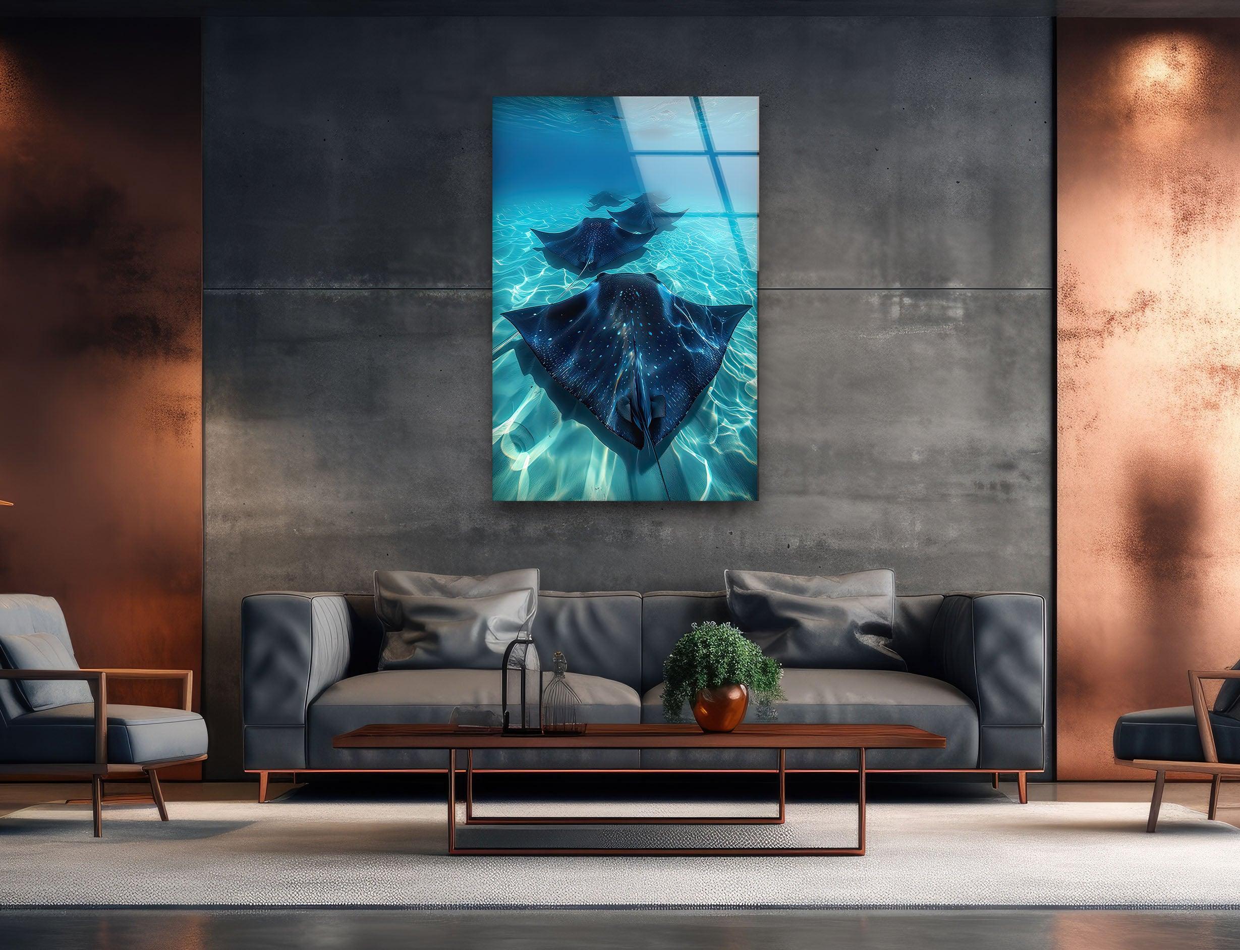 Blue Manta Ray Glass Wall Art - Handcrafted Ocean Themed Decor for Living Room, Bedroom & Office - Perfect Coastal Home Decor Gift