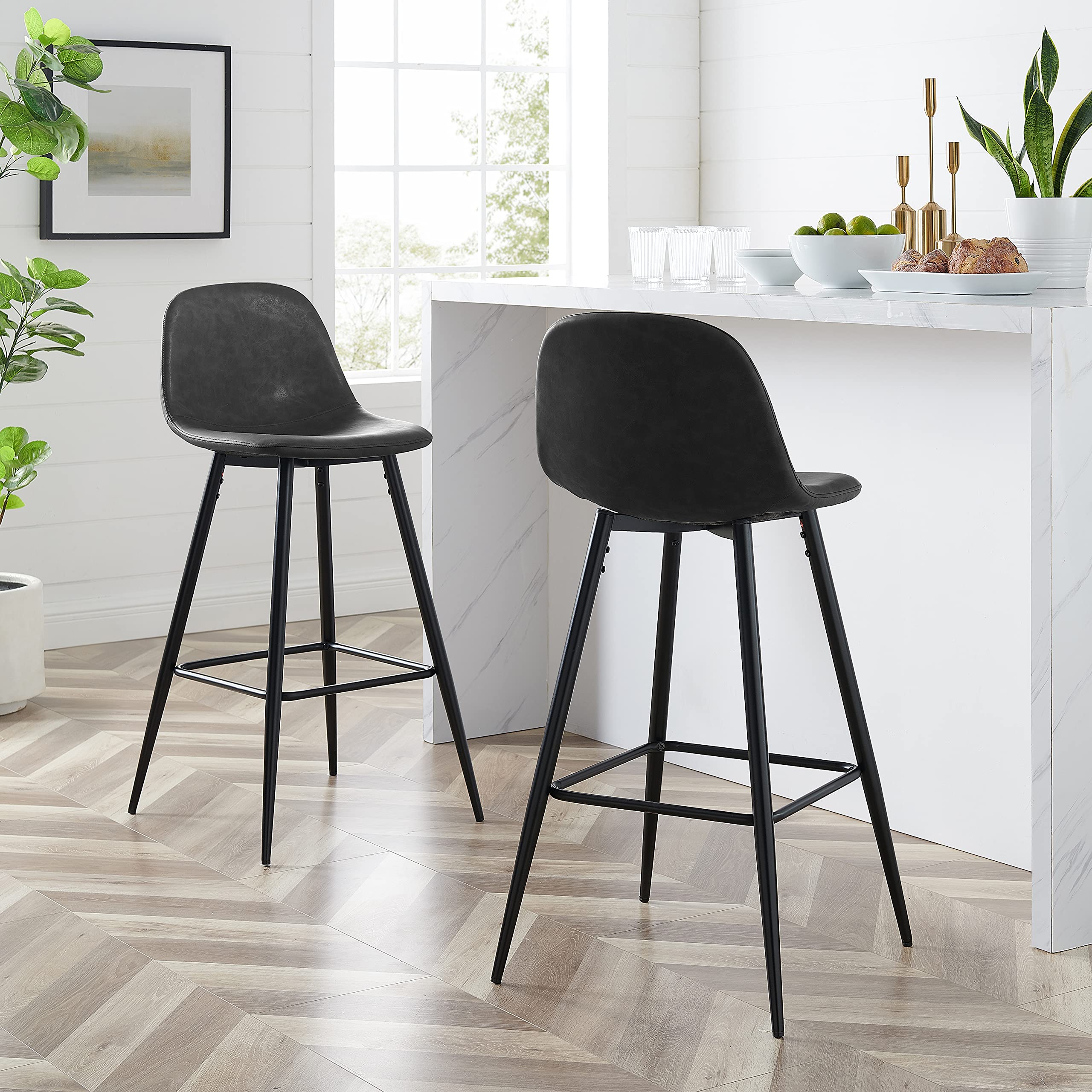 Crosley Furniture Weston Upholstered Bar Stools Set of 2 - Distressed Black & Matte Black Counter Height Stools for Kitchen Island, Breakfast Bar & Home Decor