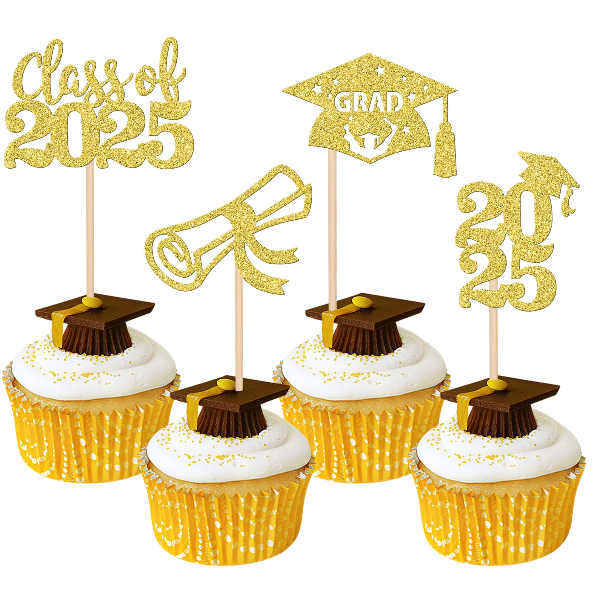24-Piece Class of 2025 Graduation Cupcake Toppers Set - Glitter Diploma & Cap Cake Decorations for 2025 Graduation Party Supplies (Gold) - Perfect for Graduation Cakes, Cupcakes, and Dessert Tables