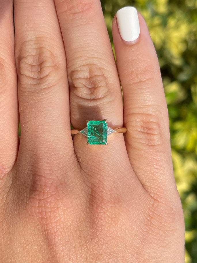 2.45tcw 18K Yellow Gold Natural Emerald Cut Trillion Diamond Prong Set Dark Green 3 Stone Ring for Engagement, Anniversary & Special Occasions - Luxury Fine Jewelry Gift for Women