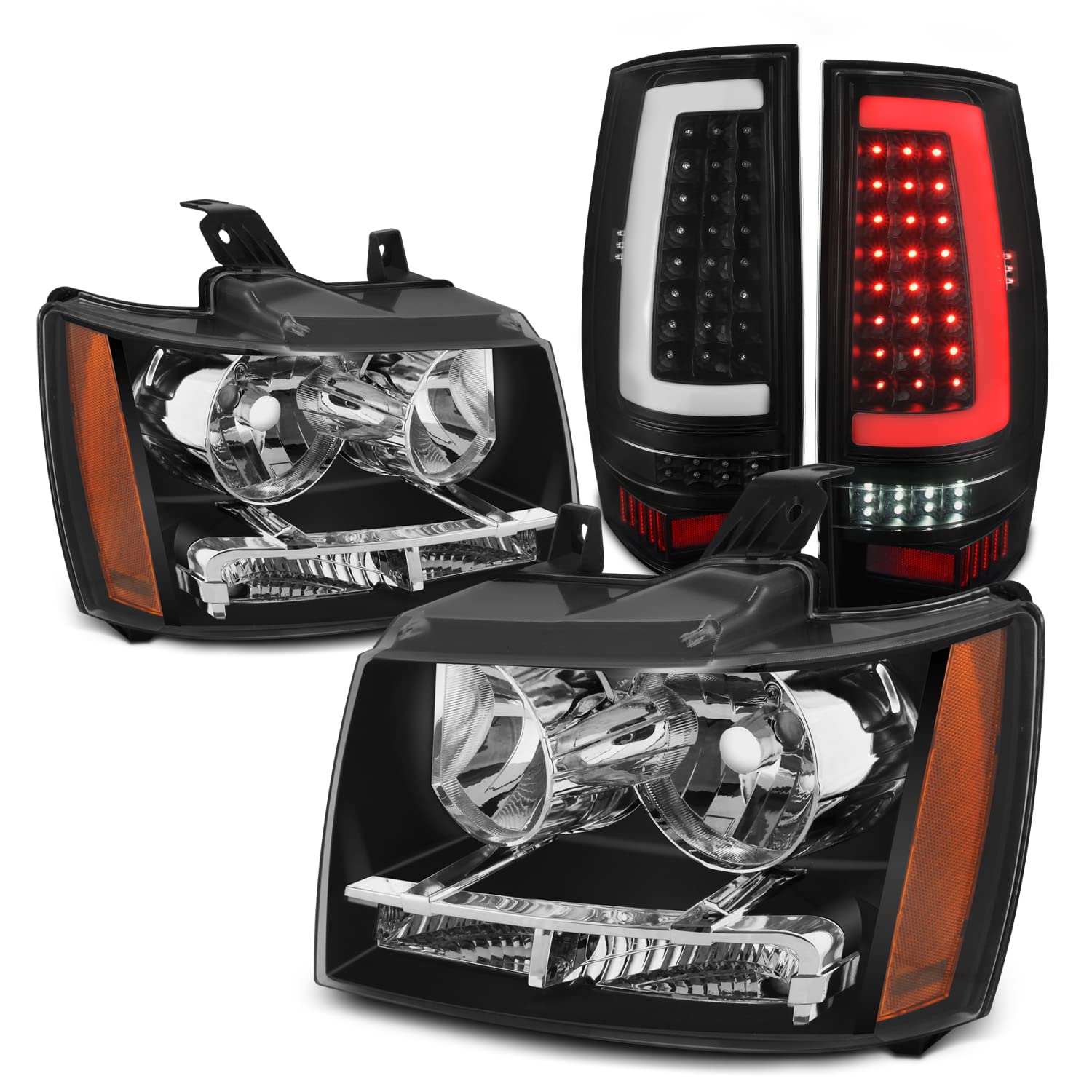 AKKON Black LED Headlights & Tail Lights Combo for 2007-2014 Chevy Tahoe Suburban 1500 2500 - High Performance C-Tube DRL - Upgrade Your Truck's Style & Night Visibility (Perfect for Off-Roading, Night Driving & Custom Builds)