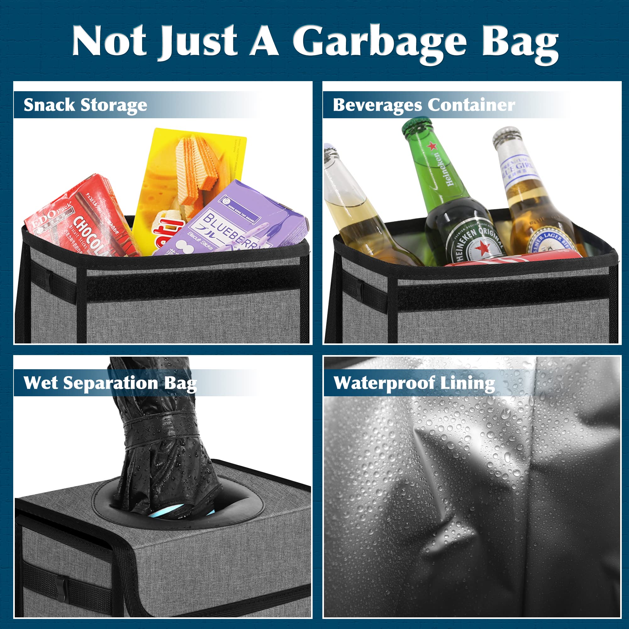 Femuar Leak Proof Car Trash Can - Waterproof Hanging Trash Bag with Lid for SUV & Car Front Seat, Collapsible Portable Garbage Bin with Storage Mesh Pocket (Grey) - Perfect for Road Trips, Commuting & Keeping Your Vehicle Clean