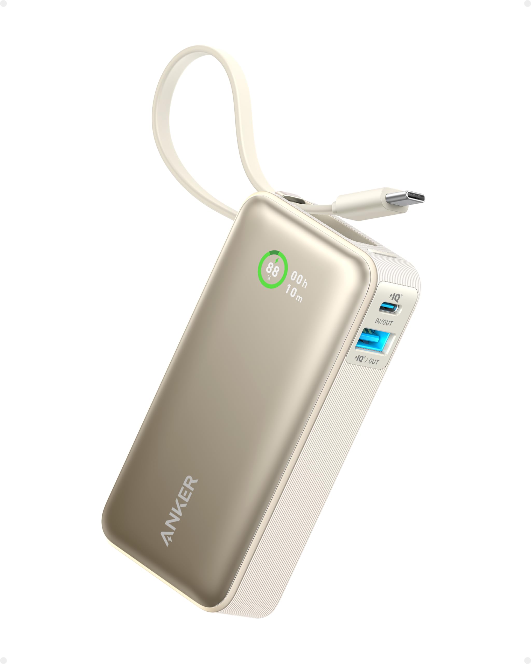 Anker Nano 10,000mAh Power Bank with Built-In USB-C Cable - 30W PD Fast Charging Portable Charger for iPhone 16/15, Samsung Galaxy, iPad, AirPods - Perfect for Travel, Camping & Emergency Power Backup