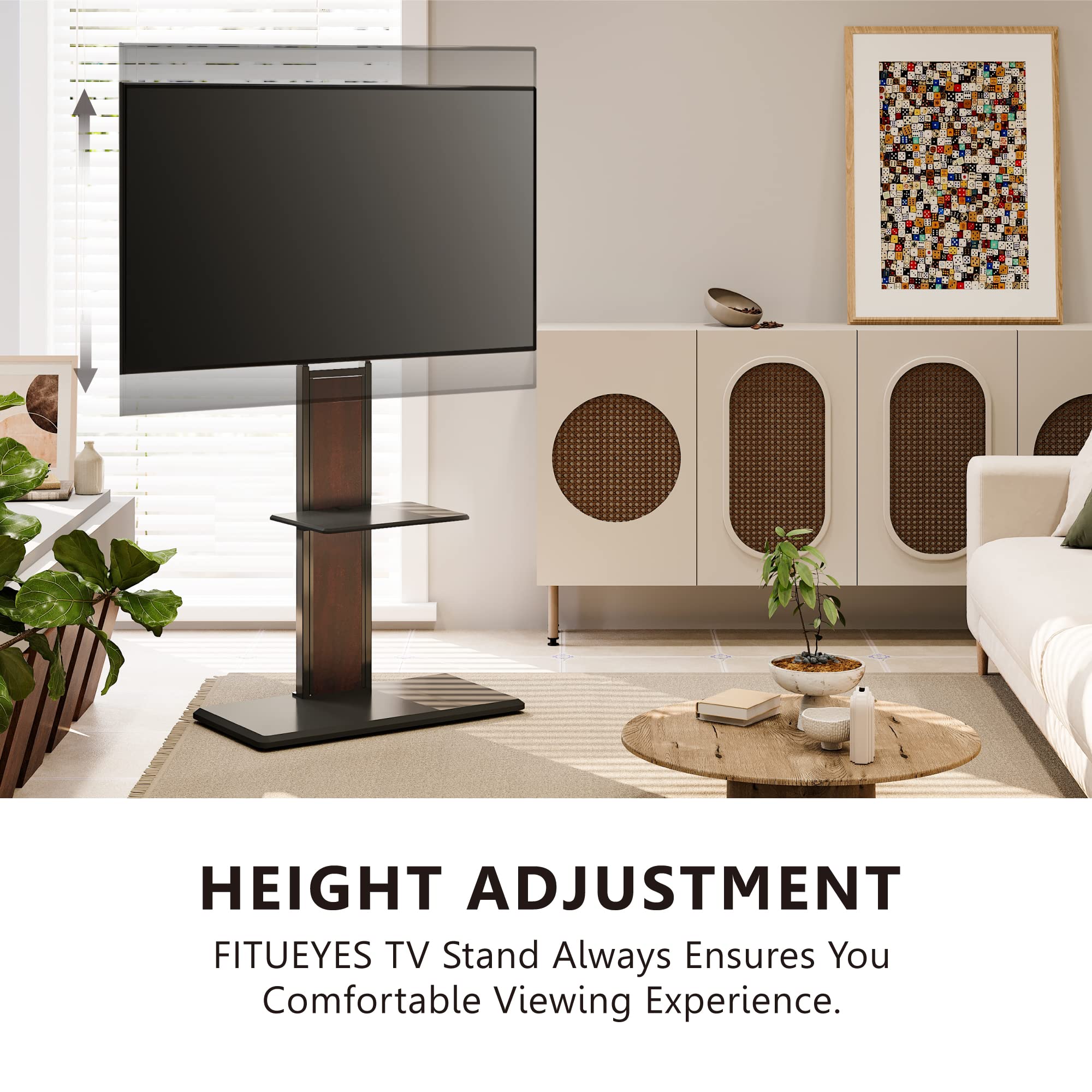 FITUEYES Universal Swivel TV Floor Stand for 32-75 inch TVs - Tall Adjustable Double Column TV Stand with Concealed Storage Shelf - Perfect for Living Room, Bedroom & Home Theater - Black