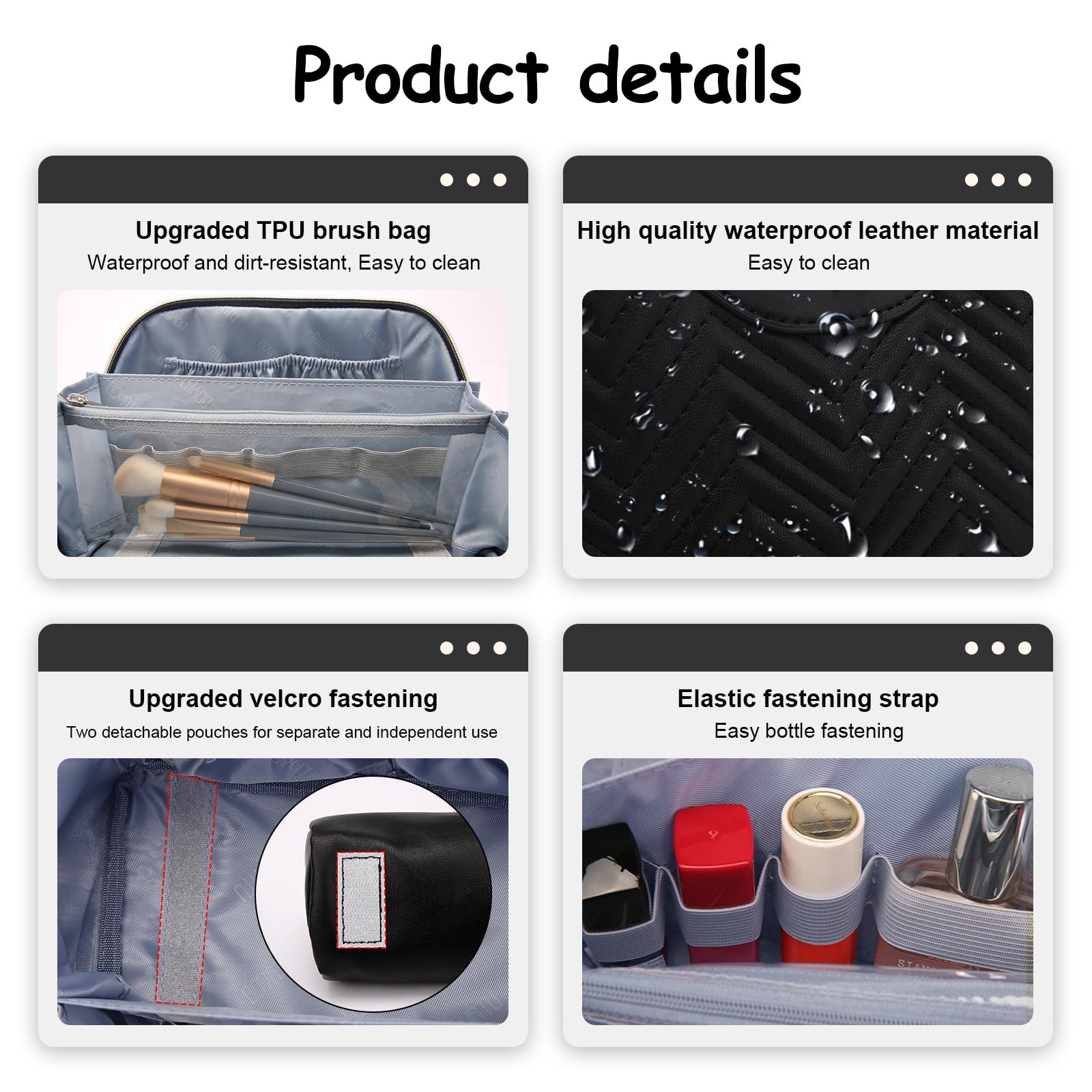 Quilted PU Leather Makeup Bag Set of 3 - Travel Cosmetic Organizer for Women with Compartments, Handle & Divider - Portable Toiletry Bags for Vacation, Gym & Daily Use (14 Inch, Black)