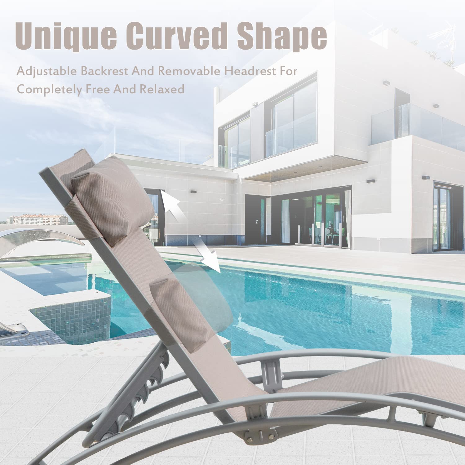 Domi Outdoor Chaise Lounge Set of 2 - Adjustable Patio Recliner Chairs with Removable Pillow for Pool, Beach, Garden & Backyard - Comfortable Sunbathing & Relaxation Furniture (Khaki)