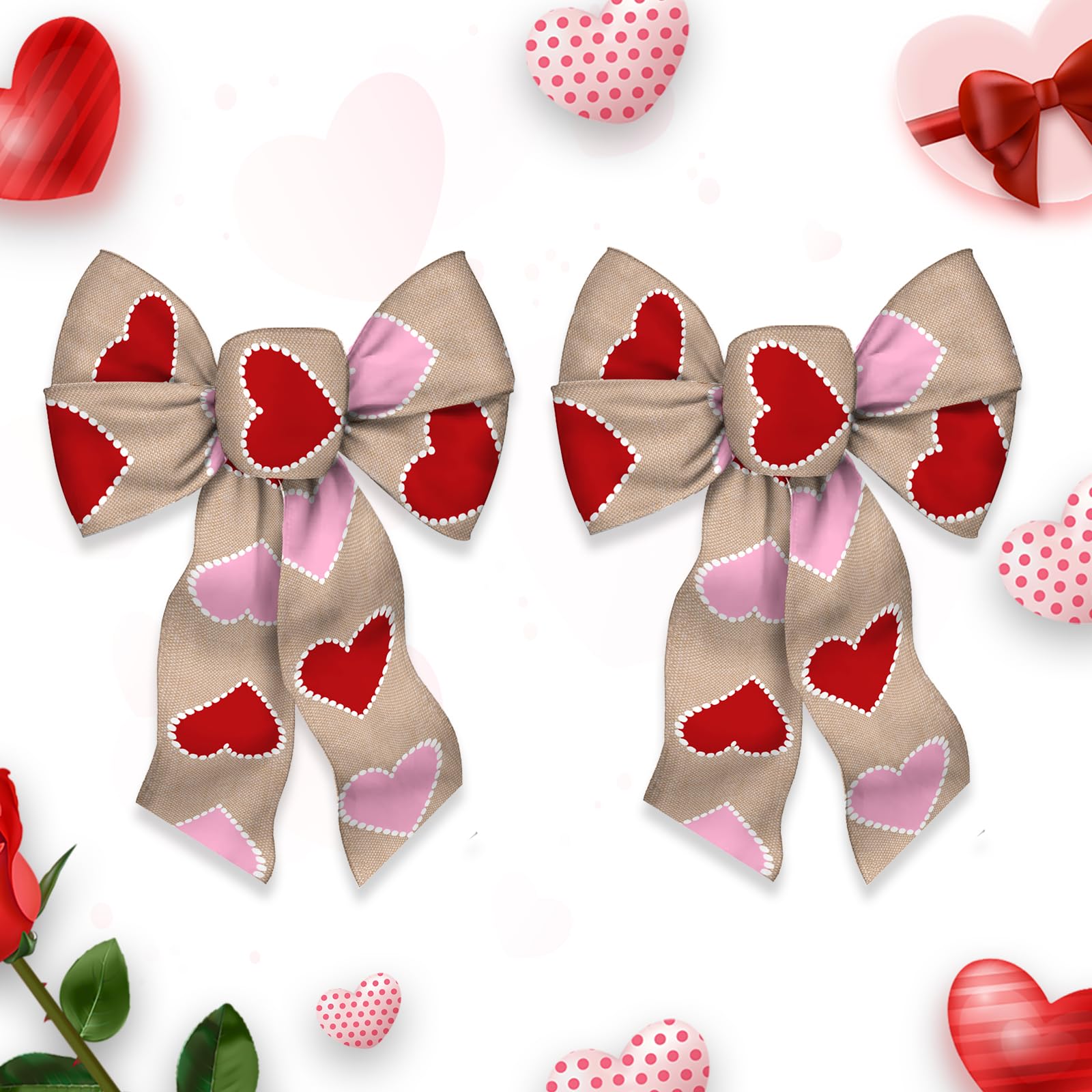 2 Pack Valentine's Day Wreath Bows - Red & Pink Heart Burlap Bows for Front Door Decor, Wedding, Farmhouse, Christmas Tree - Rustic Valentine's Decorations for Home & Party