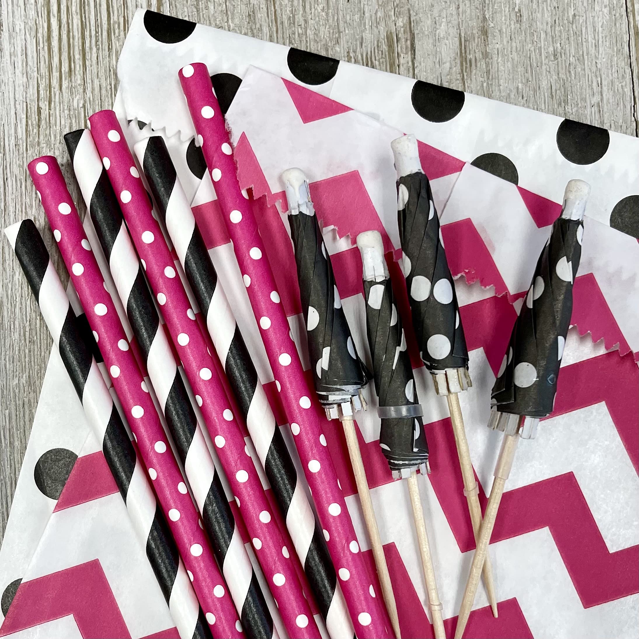 Diva Theme Stripe & Polka Dot Paper Straws 7.75 Inch - 100 Pack Hot Pink, Black & White - Perfect for Birthday Parties, Baby Showers & Wedding Decorations