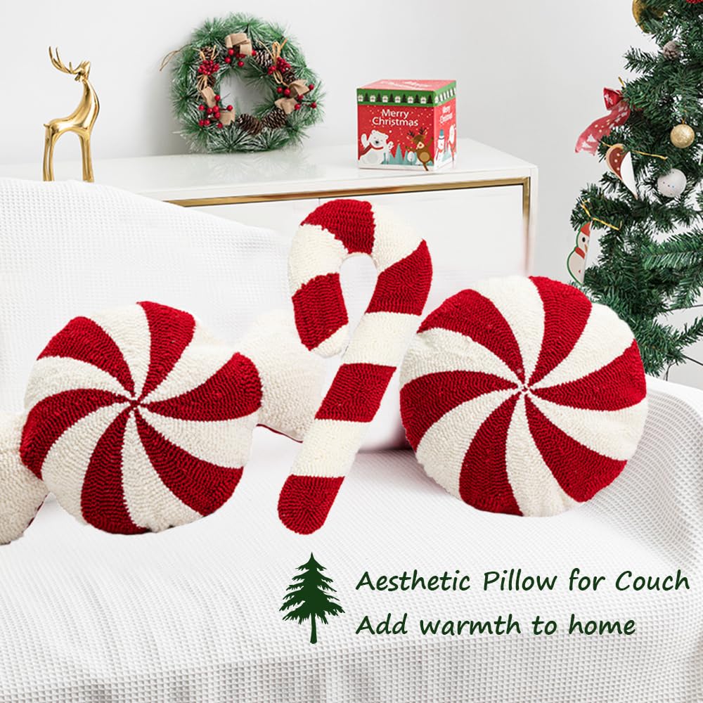 Christmas Candy Throw Pillow - 15x15 Inch White Round Decorative Holiday Pillow for Couch, Sofa & Bed - Soft Plush Winter Decor for Home, Living Room & Christmas Tree Skirt Area