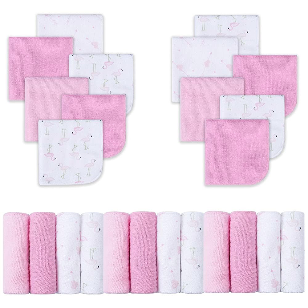 Viviland 24 Pack Super Soft Baby Washcloths - Hypoallergenic Bath Towels for Newborns & Infants (9x9 Inch, Flamingo Pattern) | Gentle Face & Body Wash Cloth for Sensitive Skin - Perfect for Baby Showers, Daily Bathing & Travel Essentials