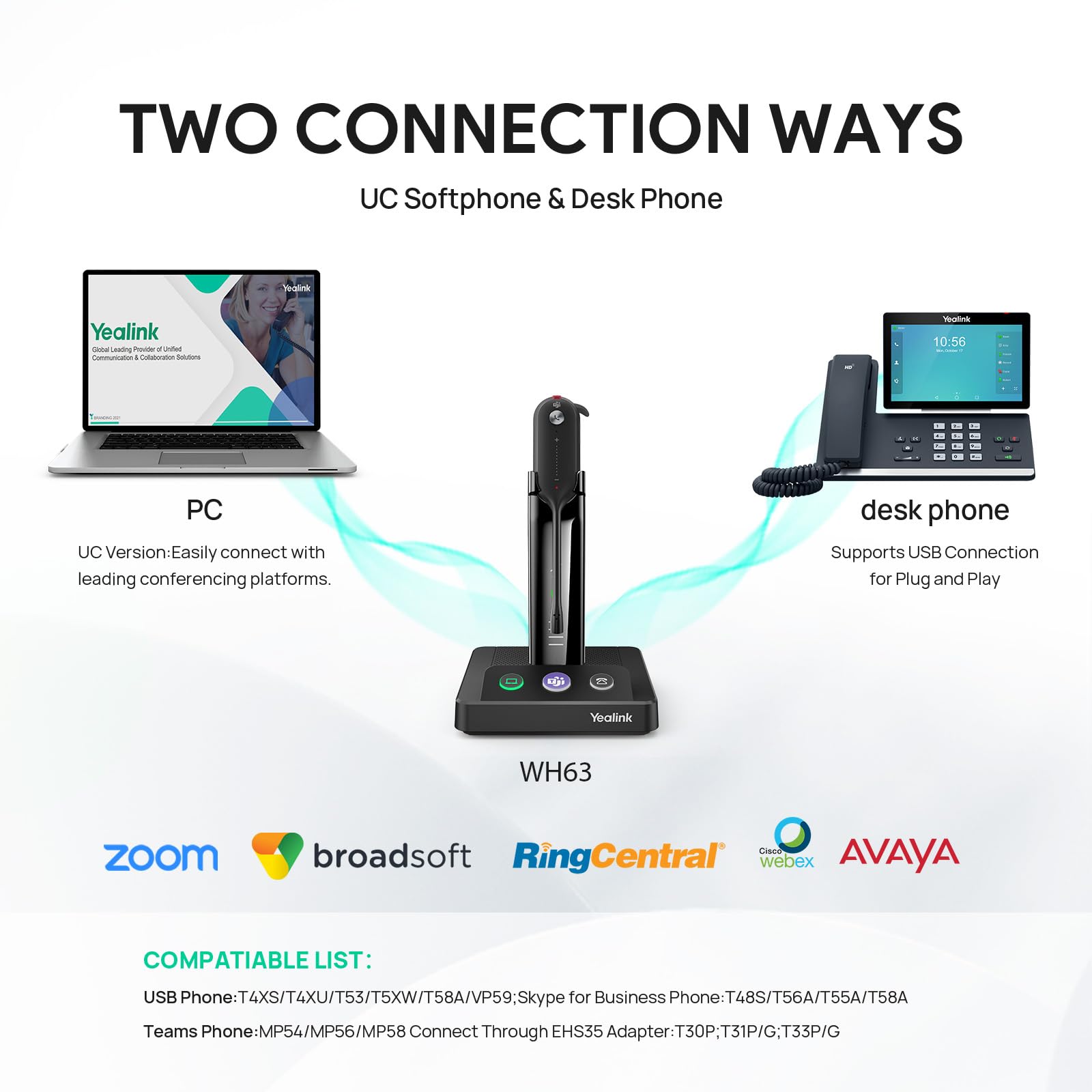 Yealink WH63 Wireless DECT Headset - Teams Certified Single-Ear Office Headset with Noise Cancelling Mic for Desk Phone & Computer Softphone | Compatible with Polycom & Grandstream IP Phones | Perfect for Remote Work, Call Centers & Business Communications