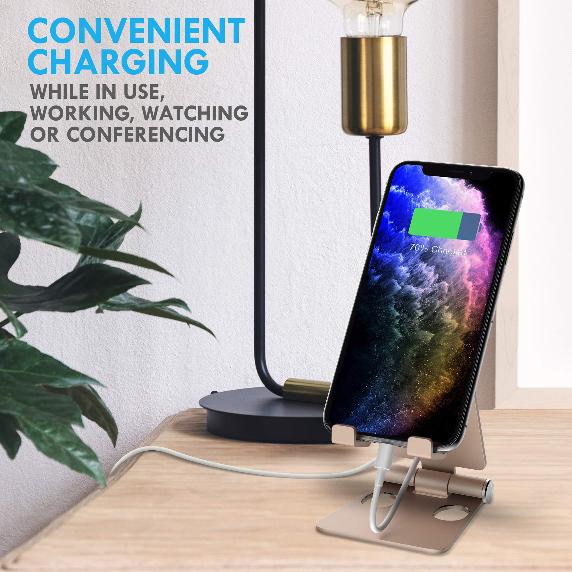 Aduro U-Rise Adjustable & Foldable Aluminum Phone Stand - Universal Smartphone Holder for Desk, Tabletop, Office & Home - Gold (Portable, Durable Steel Design) - Perfect for Video Calls, Watching Movies & Hands-Free Use