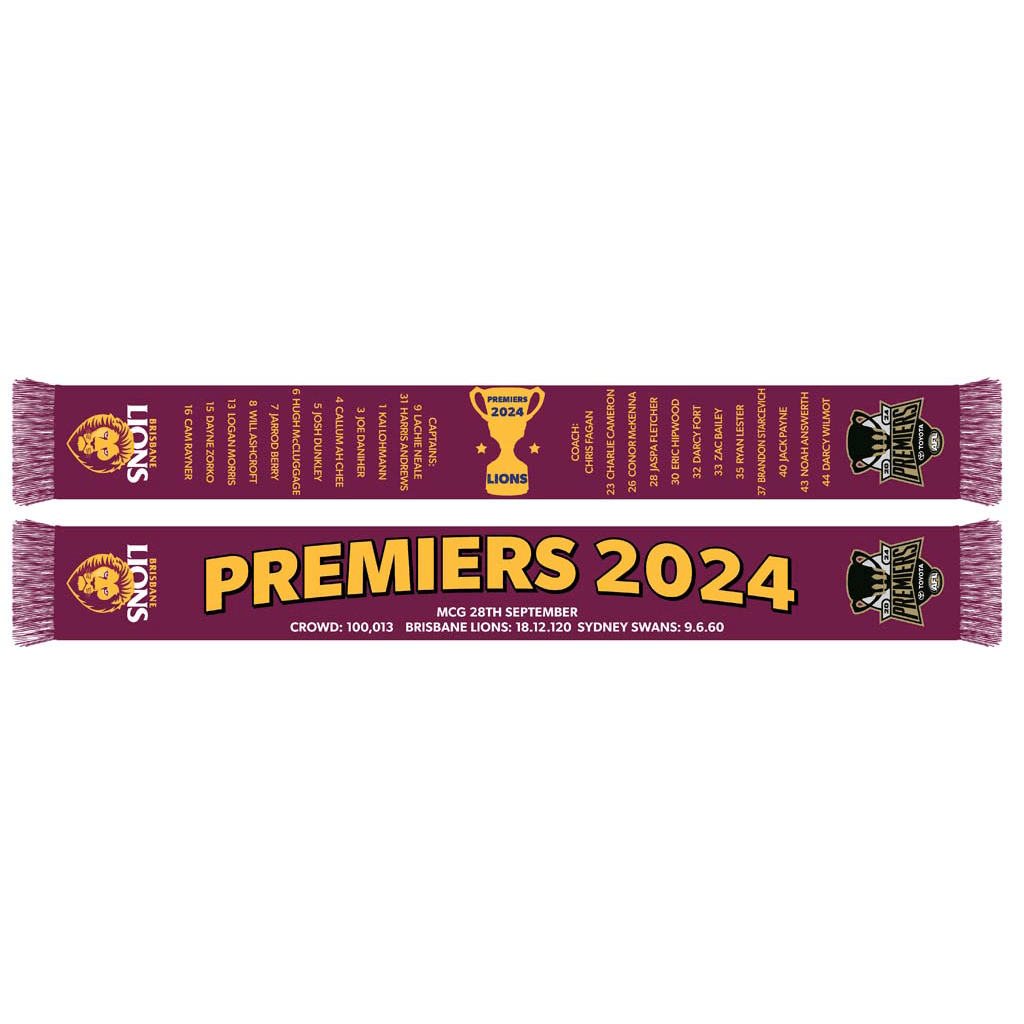 Brisbane Lions 2024 Premiers Scarf - Official AFL Team Merchandise for Fans & Supporters - Perfect for Game Day, Tailgating & Showing Team Spirit