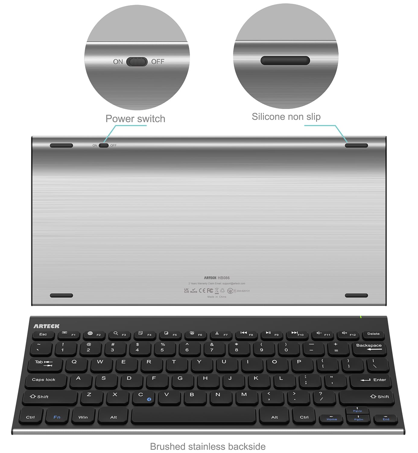 Arteck Universal Wireless Bluetooth Keyboard - Stainless Steel, Rechargeable, Compatible with iOS iPad Air/Pro/Mini, Android, Windows Tablets & Smartphones | Portable for Home, Office & Travel Use