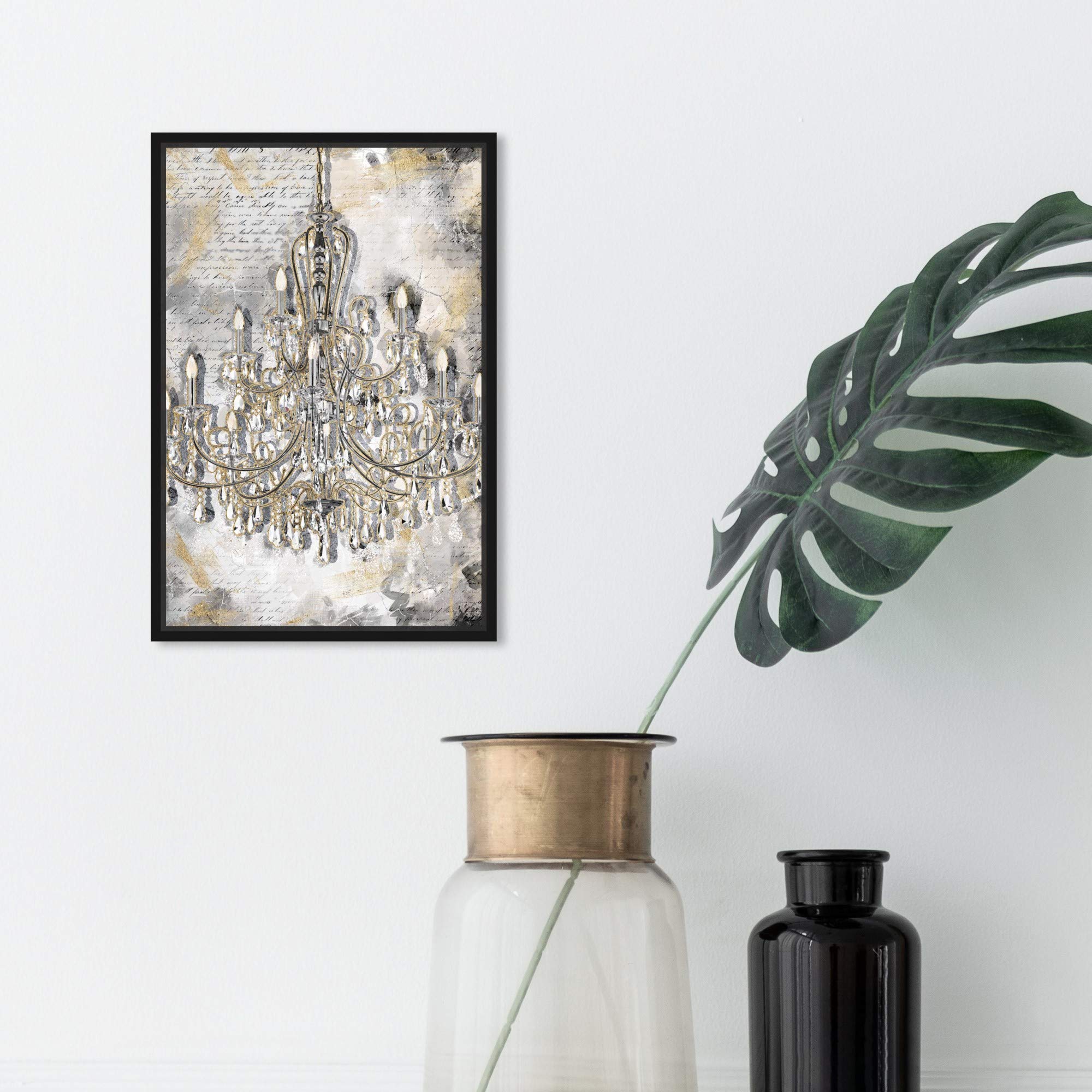 Oliver Gal Artist Co. Fashion & Glam Wall Art - Framed Canvas Print 'Calligraphy Chandeliers' in Gold & Gray (10x15 inches) - Elegant Home Décor for Living Room, Bedroom & Office