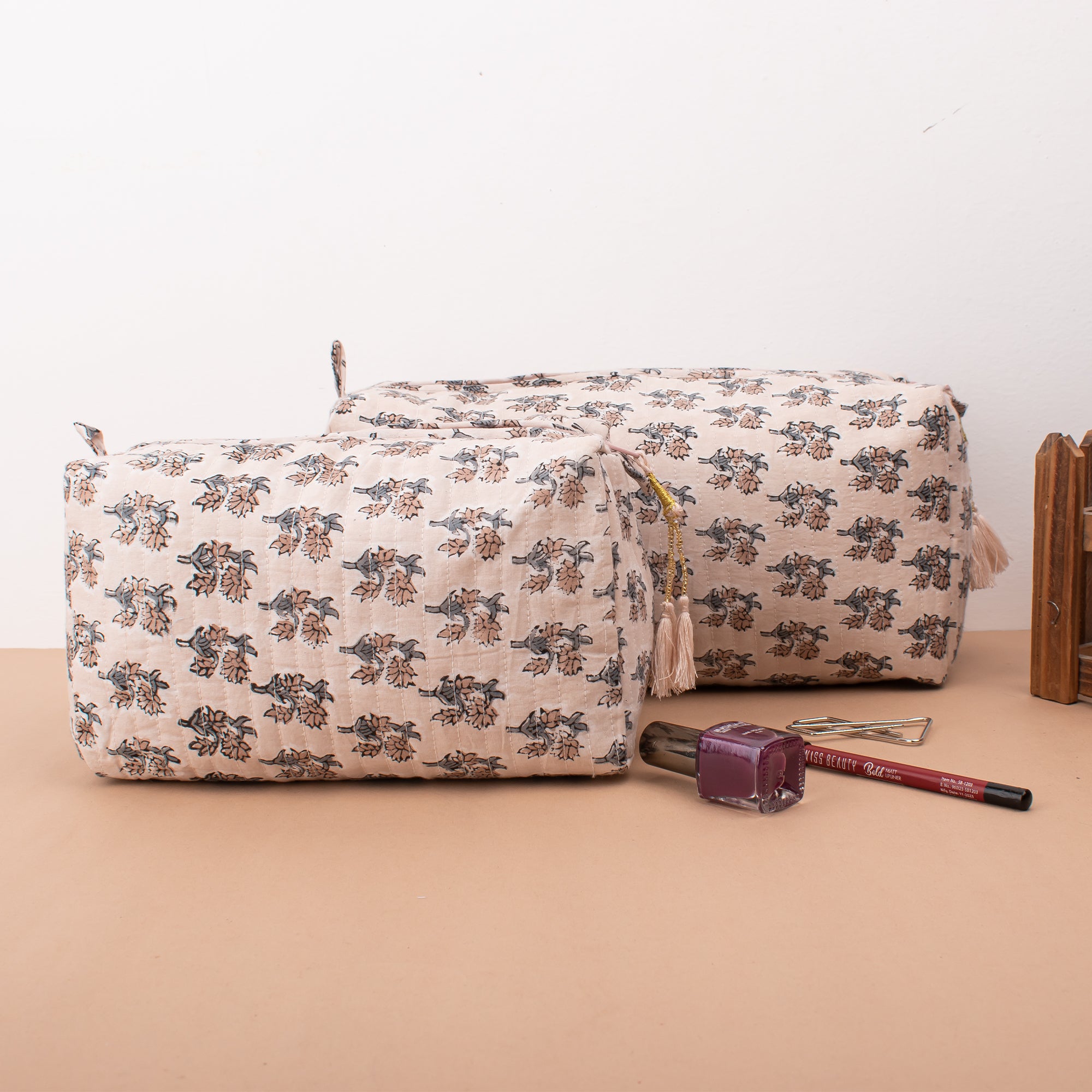 Handmade Block Print Toiletry Bag Set of 3 - Quilted Wash Bag, Travel Makeup Organizer, Large & Small Cotton Cosmetic Pouch for Women - Perfect for Travel, Gym, and Daily Vanity Organization