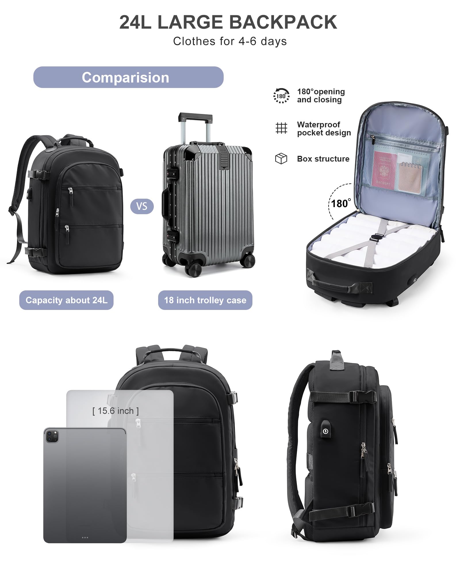 Women's Travel Backpack 18x13x7.8 Inch - TSA Approved Carry On Backpack with USB Charging Port & Waterproof Design (Black) - Perfect for Air Travel, Commuting & Weekend Getaways