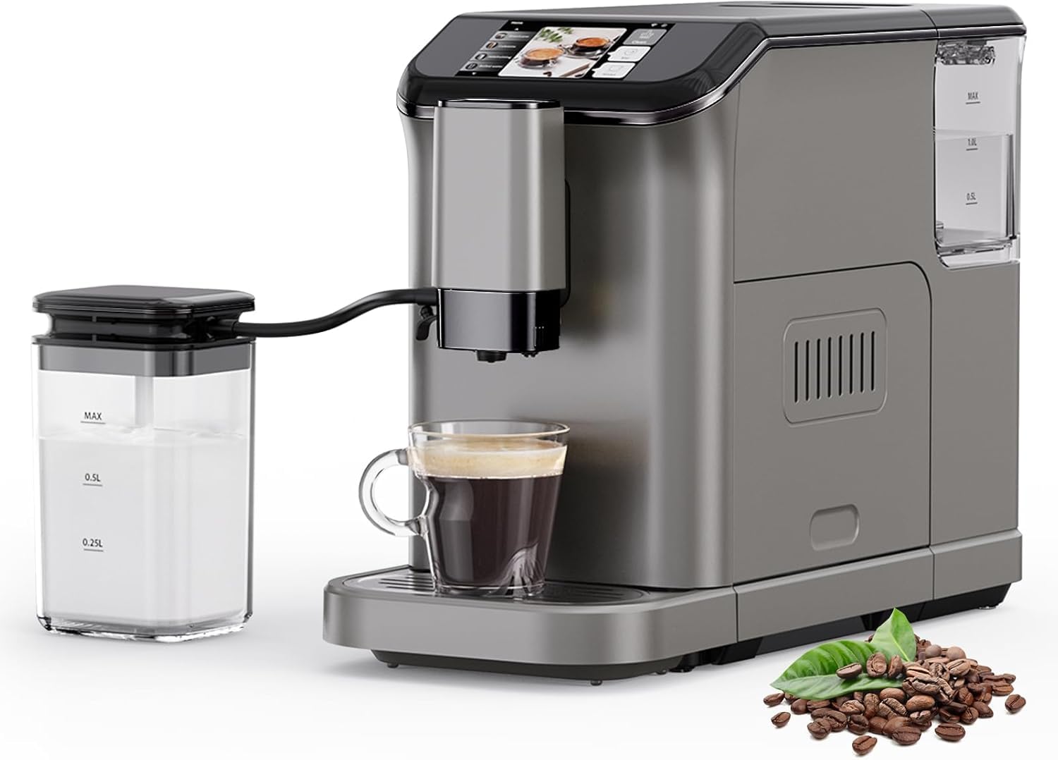 DEXSO Fully Automatic Espresso Machine with TFT Screen - 20 Bar Pressure, Built-in Grinder & Milk Frother - Perfect for Cappuccino, Latte & Espresso - Ideal for Home Coffee Bars & Office Use (Grey)