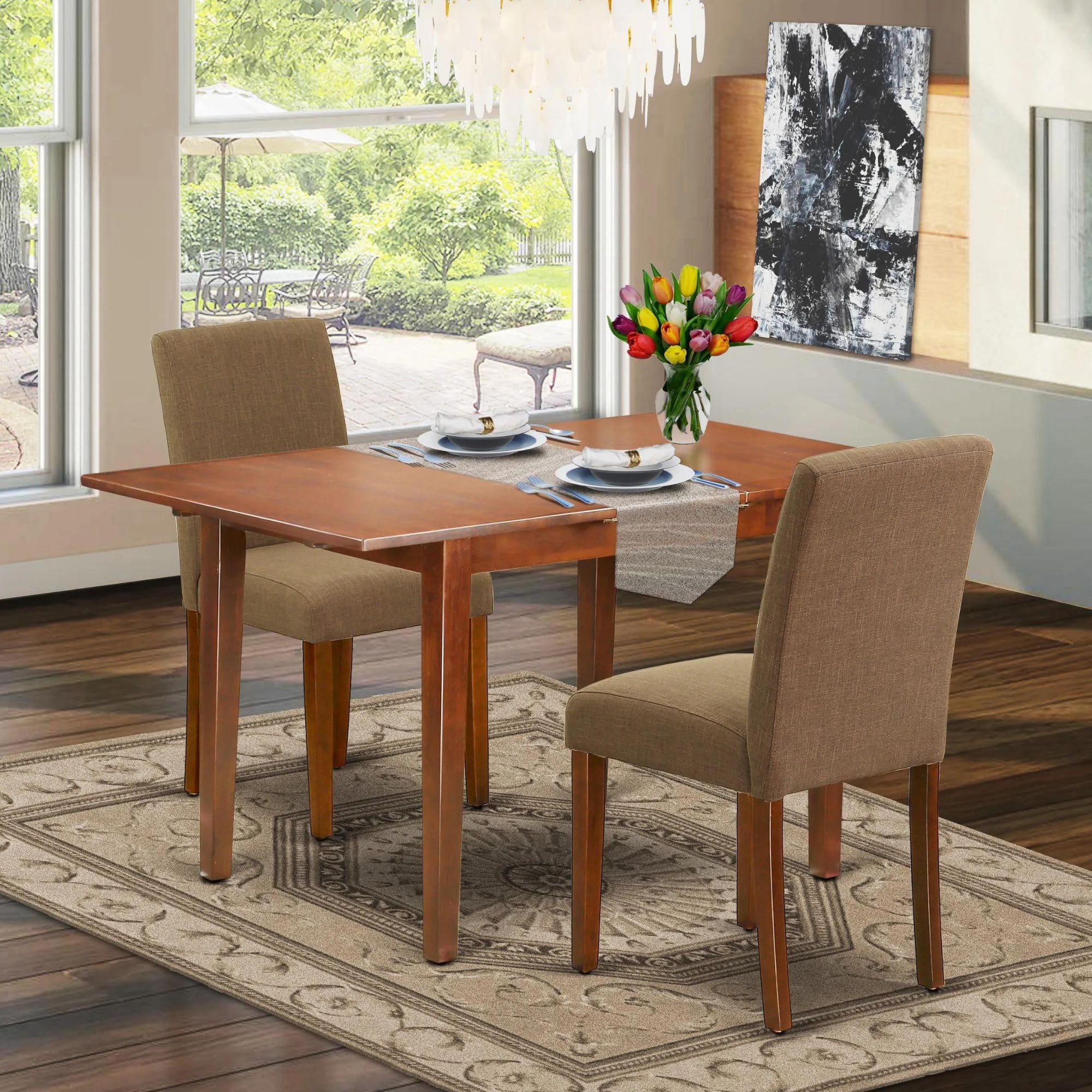 East West Furniture PSAB3-MAH-18 3-Piece Small Space Dinette Set with Extendable Rectangle Dining Table (32x60 Inch) & 2 Coffee Linen Fabric Parson Chairs - Mahogany Finish | Perfect for Apartments, Breakfast Nooks & Cozy Dining Areas