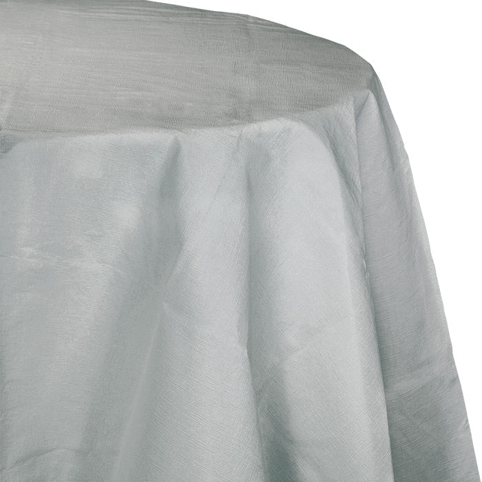12-Pack Bulk Shimmering Silver Round Paper Table Covers - 82 Inch Diameter Disposable Party Tablecloths for Weddings, Birthdays & Special Events