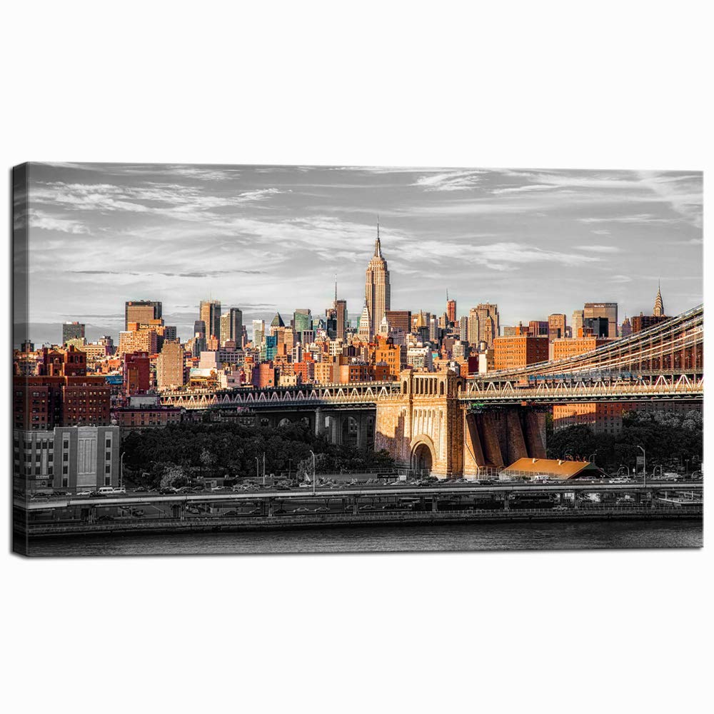 Modern NYC Canvas Art - Brooklyn Bridge Sunrise Painting for Home Decor | 20x36 Inch Wall Art