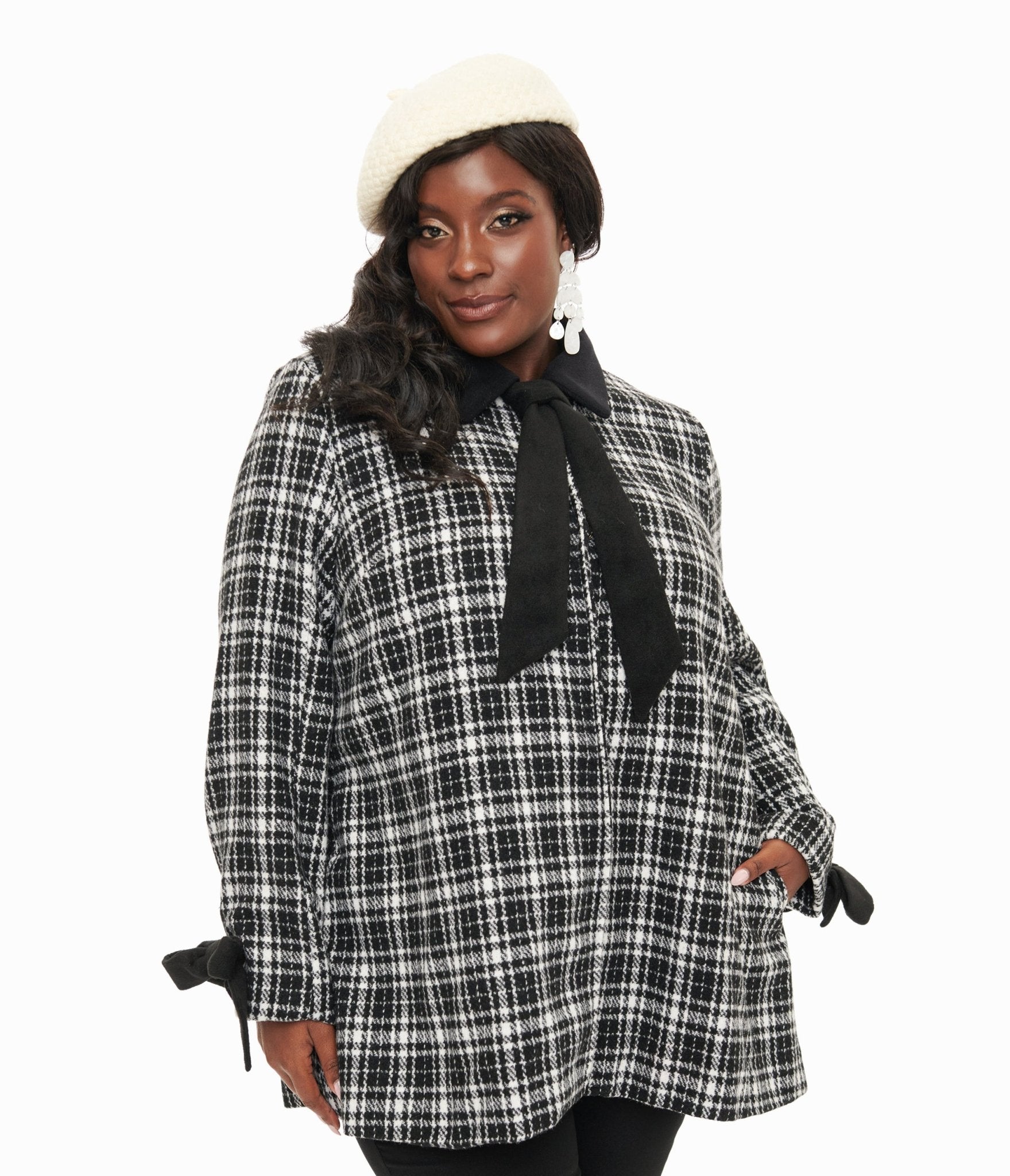 Stylish Smak Parlour Black & White Plaid Bow Coat for Women | Trendy Winter Topper for Office & Date Nights