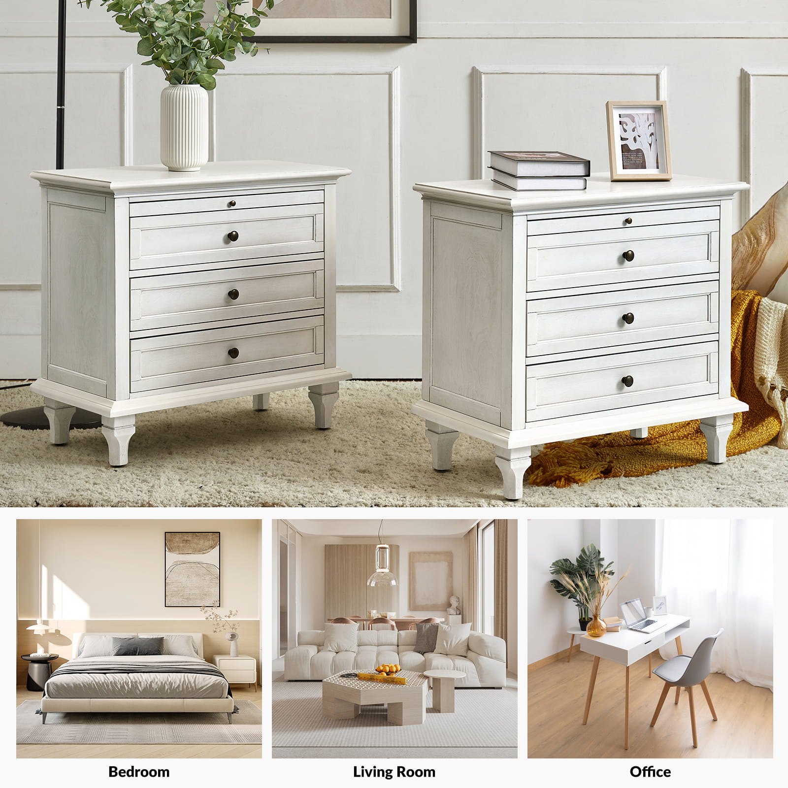 Galatea 3-Drawer Nightstand with USB Charging Ports & Power Outlets - Modern Bedside Table with Storage for Bedroom, Living Room or Office