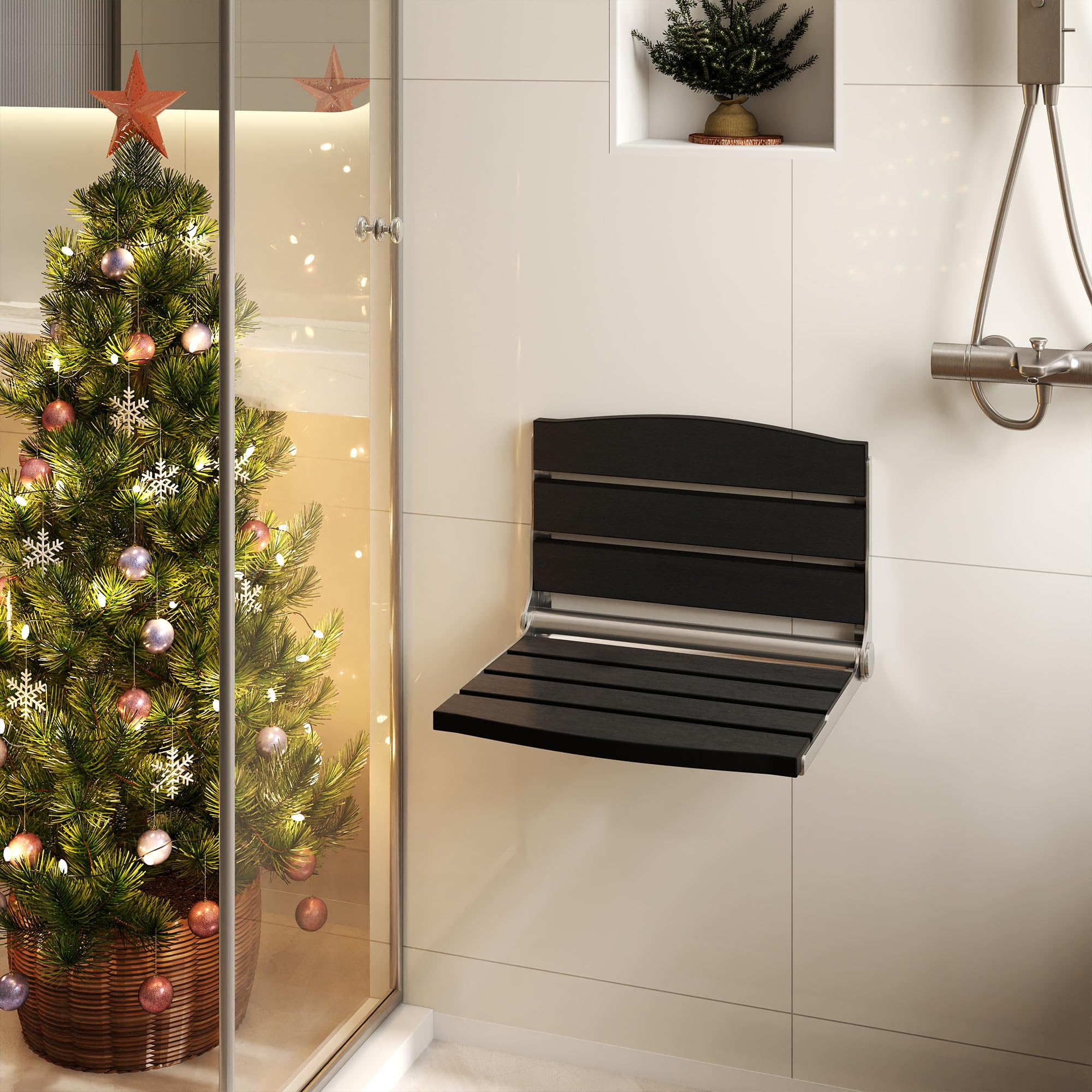 DWVO Folding Shower Seat Wall Mounted - Fold Down Shower Bench for Elderly, Disabled & Pregnant Women - Non-Slip Bathroom Safety Chair for Home Care (Black) - Ideal for Small Bathrooms & Assisted Living Spaces