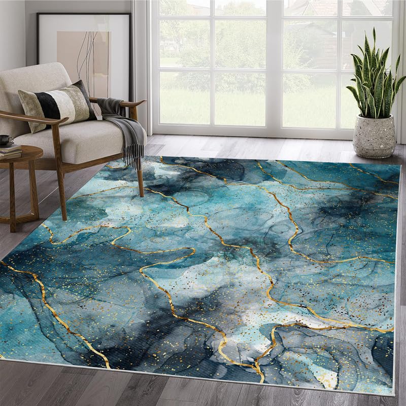 Washable 6x9 Area Rug - Turquoise Marble Print Low Pile Non-Slip Carpet for Living Room, Bedroom, Home Office & Nursery | Soft Floor Mat for Kids Play Area & High Traffic Spaces