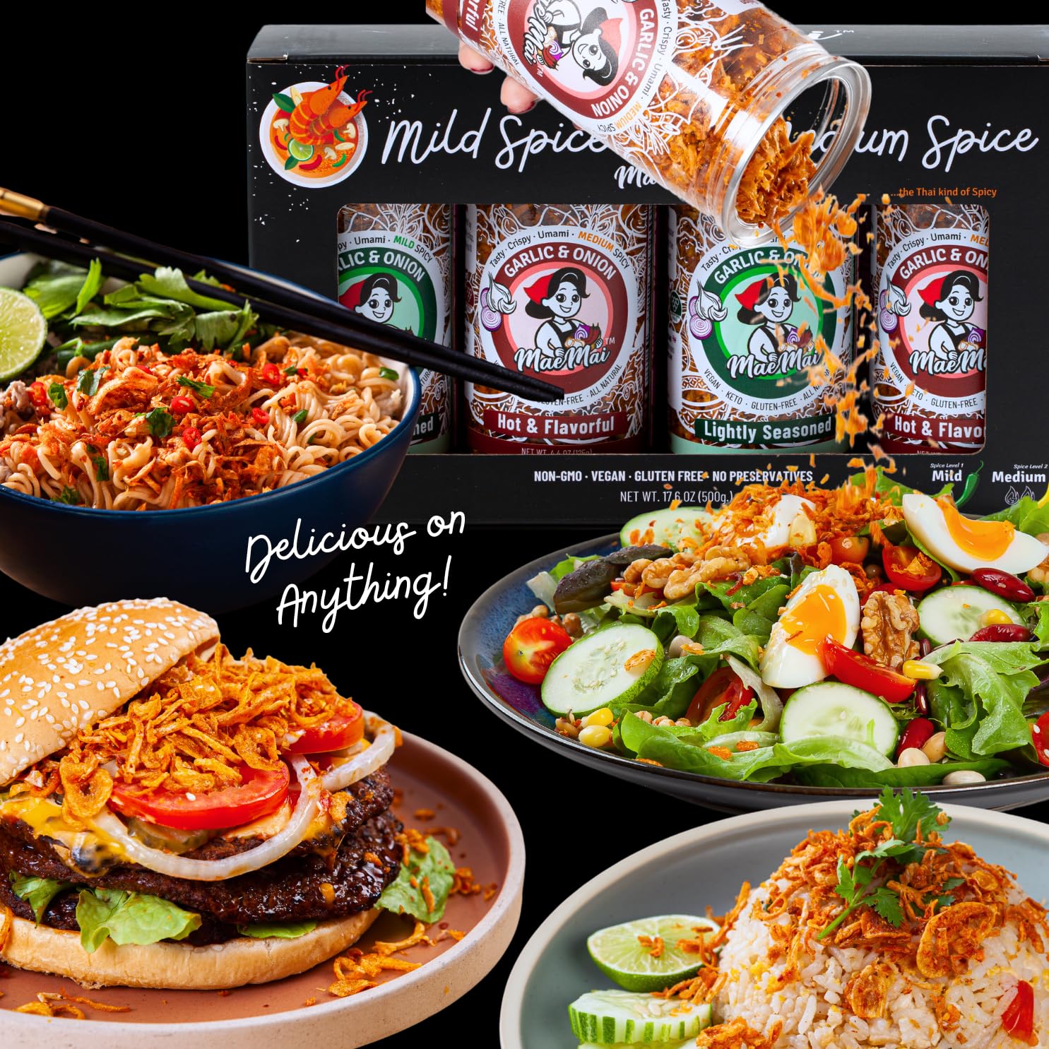 MaeMai 4-PACK Premium Seasoning Box Set - Mild & Medium Spice Crispy Fried Onion & Garlic | All-Purpose Vegan Seasoning for Ramen, Rice, Salads | Perfect Gift for Foodies & Family (Includes Free Gift Inside) - Ideal for Home Cooking, Meal Prep & Gourmet Dishes