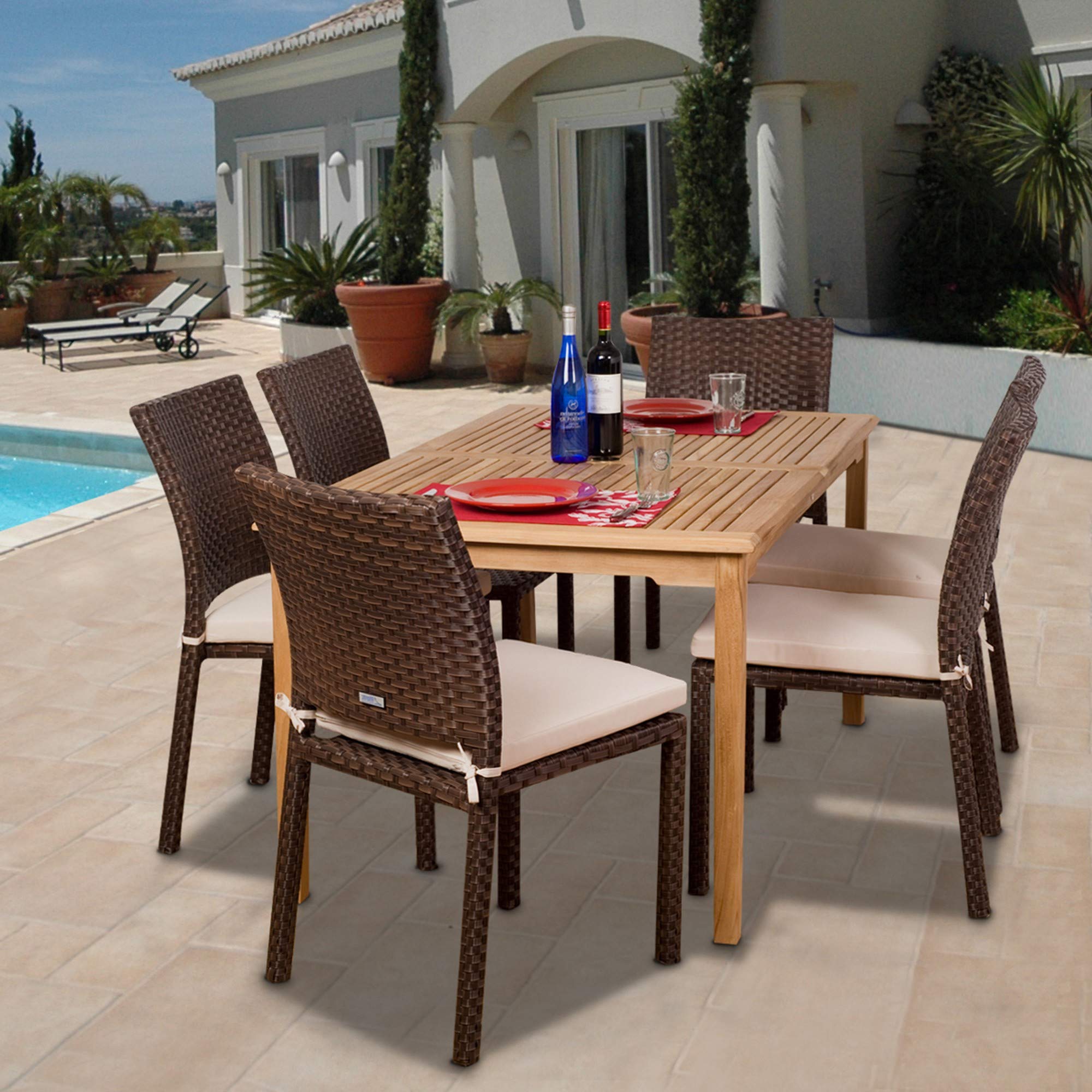 7-Piece Brown Teak Rectangular Outdoor Patio Dining Set with Off-White Cushions, 59