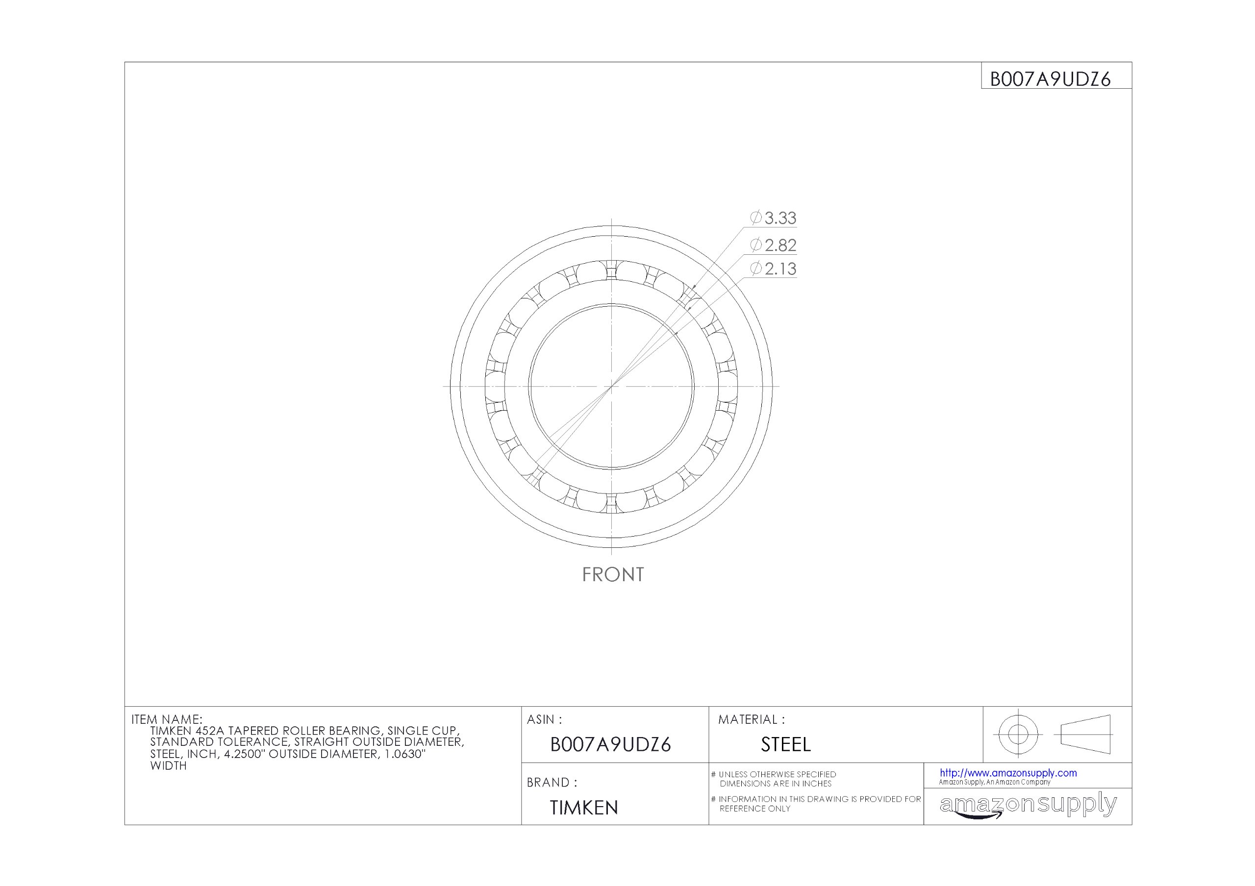 Timken 452A Tapered Roller Bearing - Single Cup, Standard Tolerance, Steel Construction, 4.25