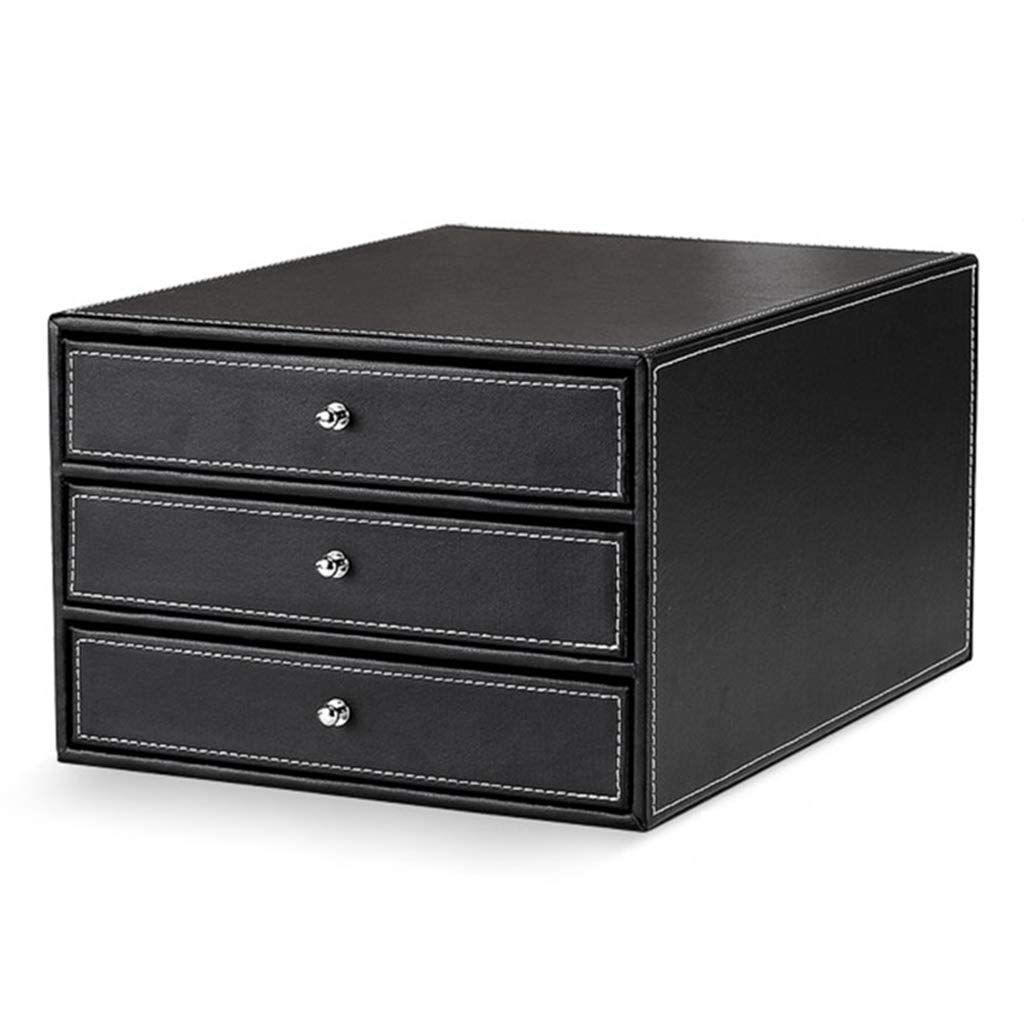 Black 3-Layer Leather Flat File Cabinet for Office Desktop - Drawer Style Storage Box for Documents, Data & Supplies | Perfect for Home, Office & Workspace Organization
