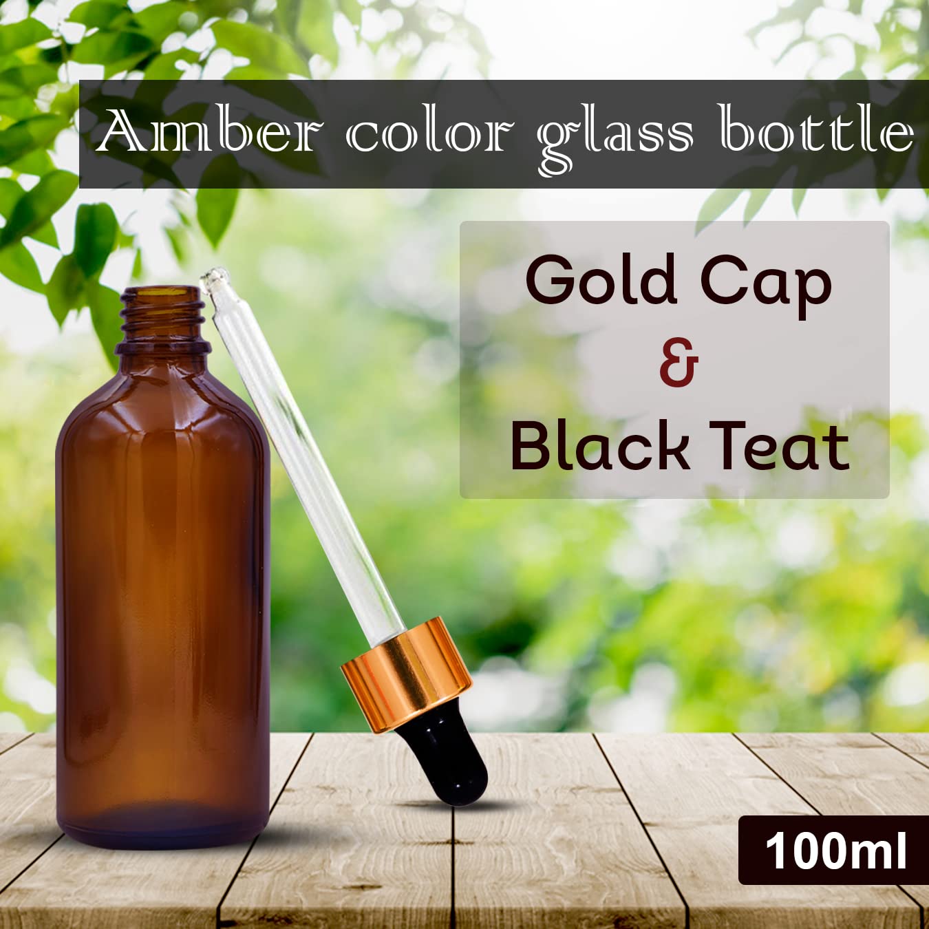 NSB Herbals 100ml Amber Round Empty Glass Bottle with Glass Dropper, Golden Ring & Black Silicone Teat - Refillable Essential Oil Container for DIY Perfumes, Aromatherapy, and Skincare (Pack of 1) - Perfect for Home, Spa, and Travel Use