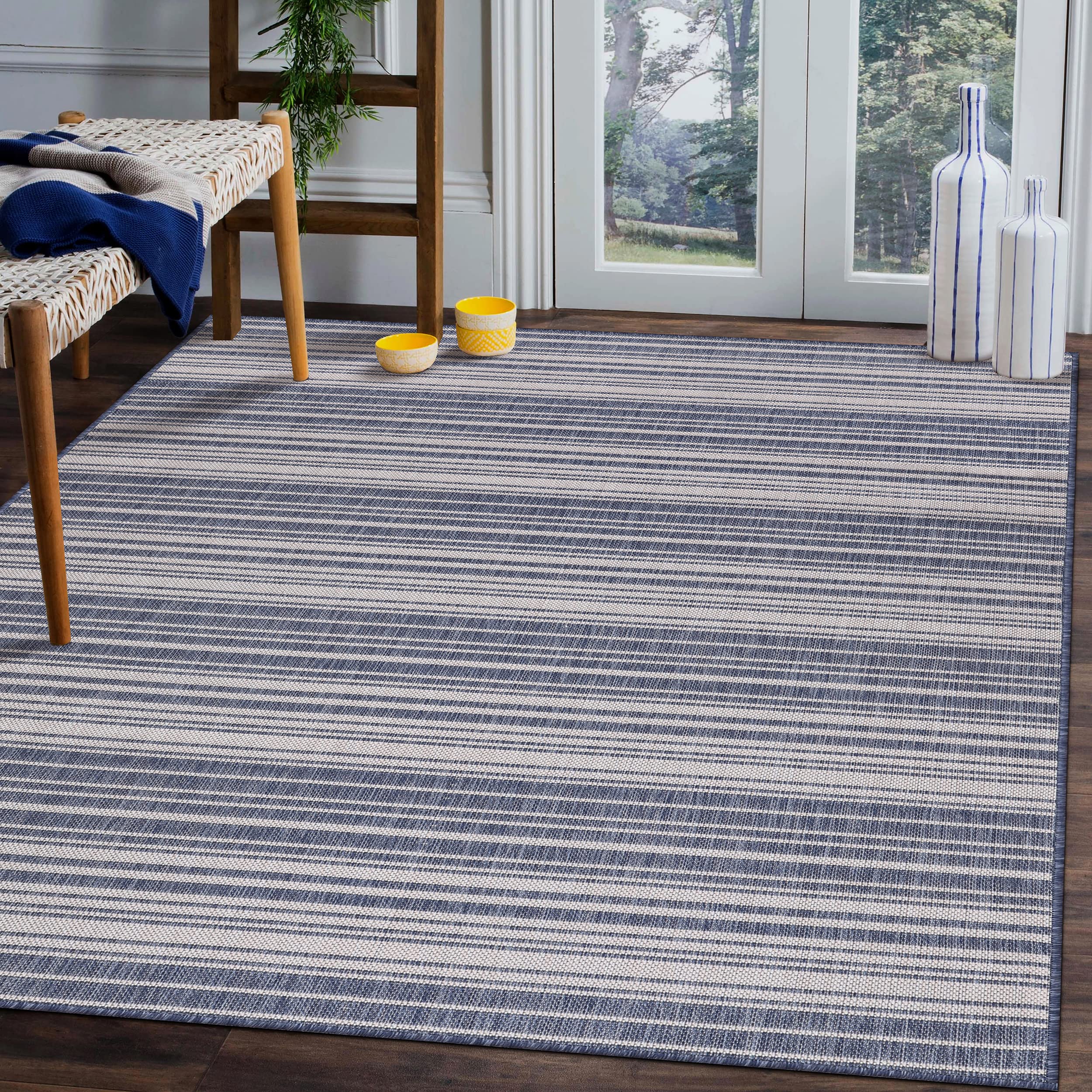Beverly Rug Waikiki 6x9 Indoor Outdoor Washable Area Rug - Water Resistant Striped Blue & White Carpet for Patio, Deck, Porch, Backyard, Poolside - Perfect for Summer Entertaining & Coastal Decor