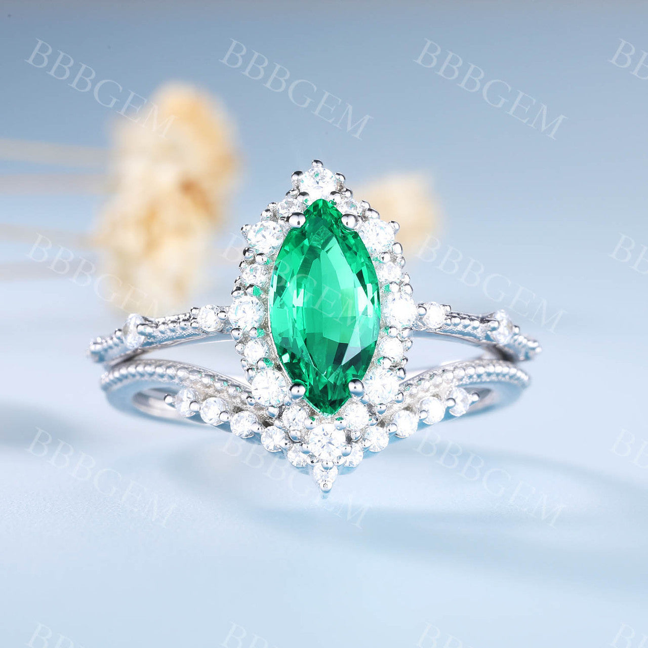 Marquise Emerald Engagement Ring & Wedding Ring Set - V-Curved Stacking Diamond Band for Women | Perfect for Proposals, Anniversaries & Bridal Jewelry