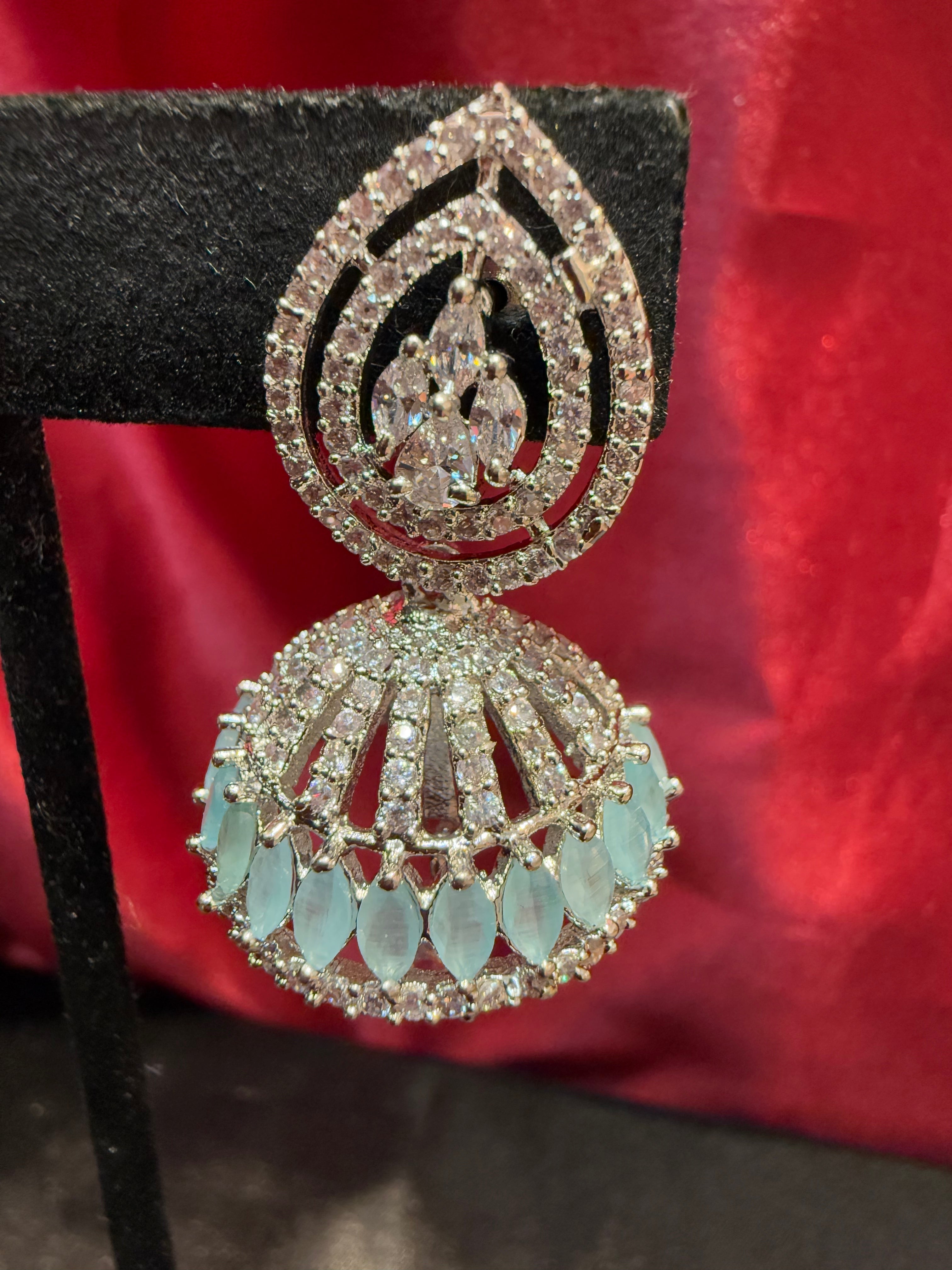 Elegant American Diamond Jhumka Earrings with Light Blue & White Stone Beads | Perfect for Weddings, Parties & Festive Occasions