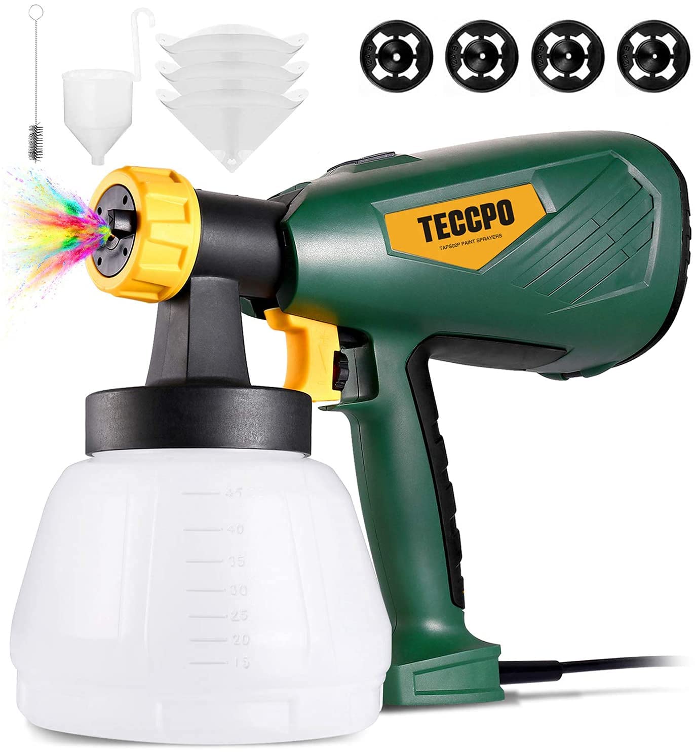 TECCPO HVLP Electric Paint Sprayer - 100DIN-s, 4 Nozzles with 3 Sizes & 3 Spray Patterns, 1300ml Detachable Container, Adjustable Volume Dial for Home DIY, Furniture Painting, Wall Refinishing & Gardening Projects